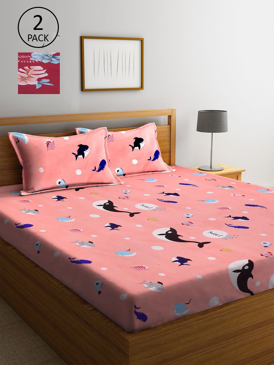 

KLOTTHE Peach-Coloured & Maroon Cartoon Characters 210 TC 2 King Bedsheet with 4 Pillow Covers