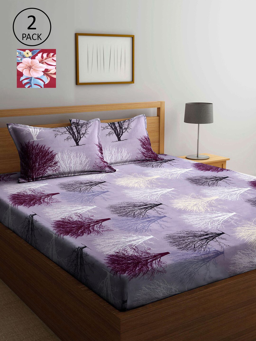 

KLOTTHE Lavender & Maroon Floral 210 TC 2 King Bedsheet with 4 Pillow Covers