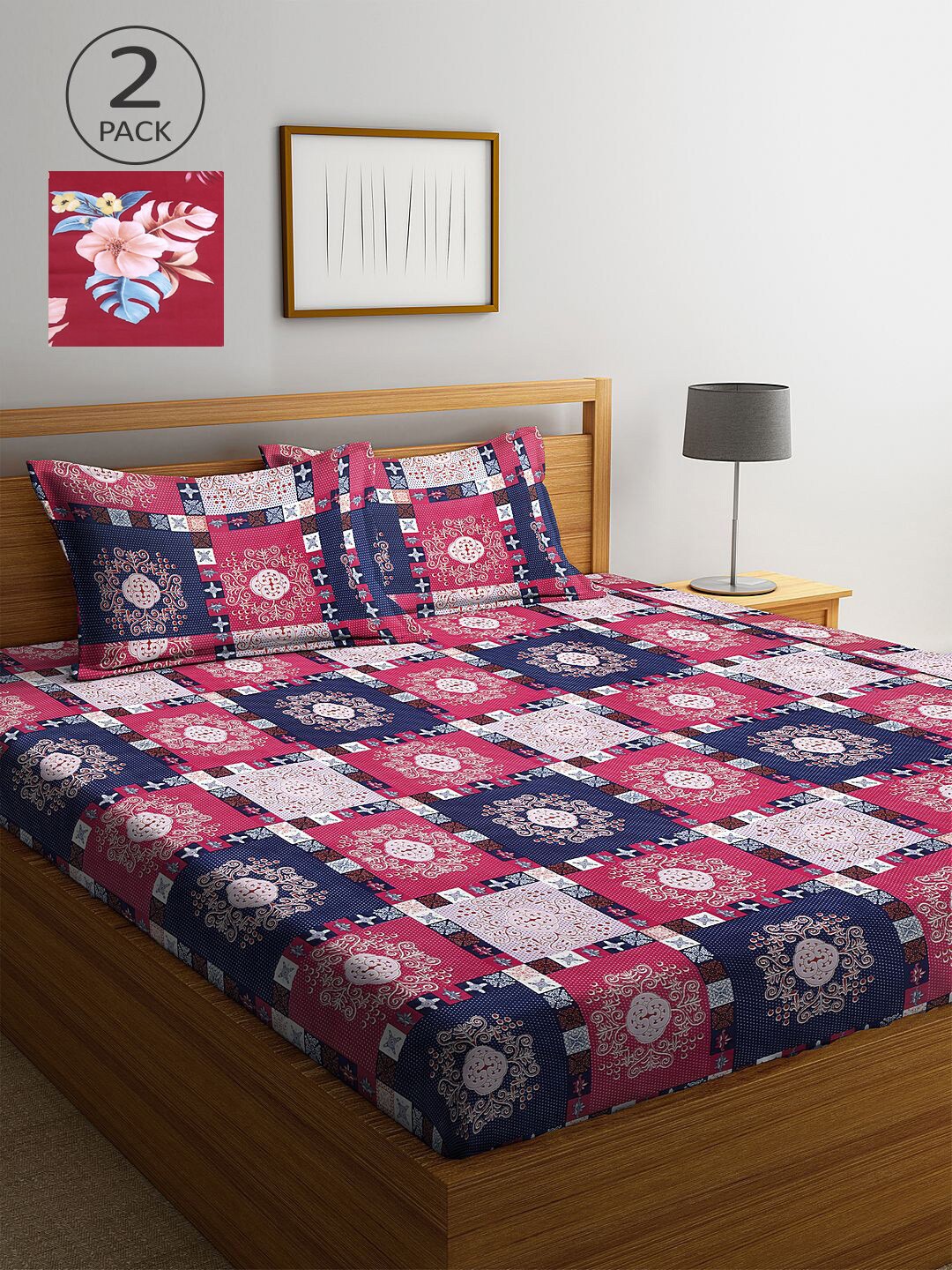

KLOTTHE Pink & Maroon Geometric 210 TC 2 King Bedsheet with 4 Pillow Covers