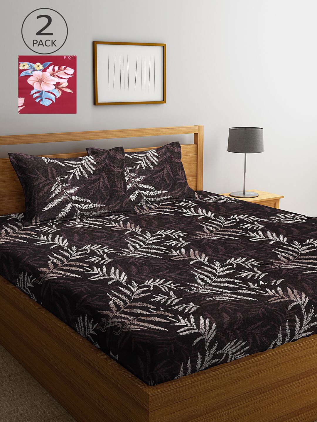 

KLOTTHE Black & Brown Floral 210 TC 2 King Bedsheet with 4 Pillow Covers