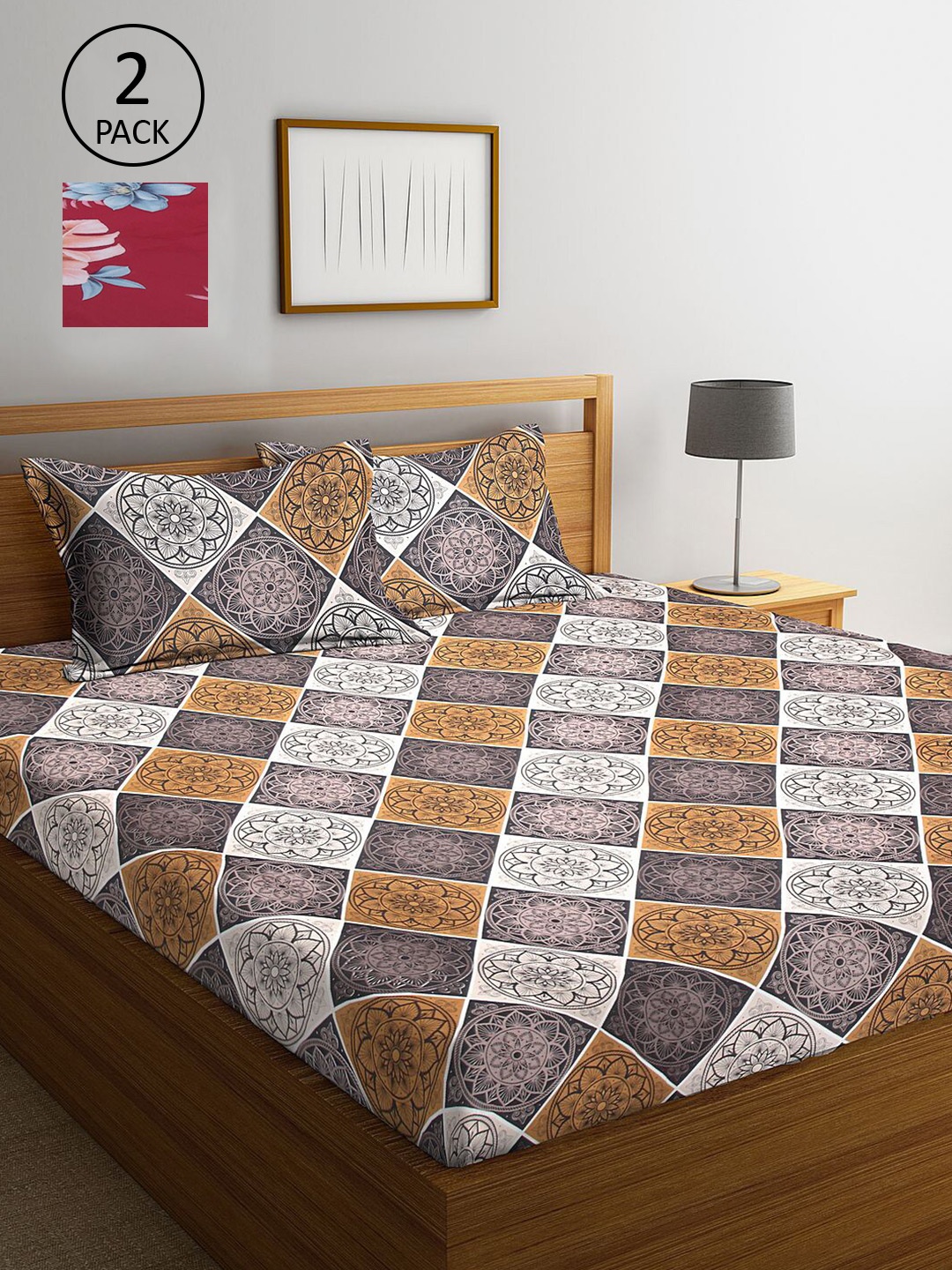 

KLOTTHE Beige & Maroon Floral 210 TC 2 King Bedsheet with 4 Pillow Covers