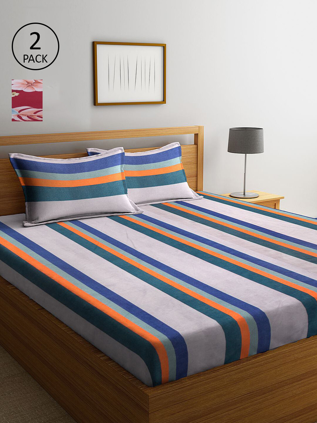 

KLOTTHE Off White & Maroon Striped 210 TC 2 King Bedsheet with 4 Pillow Covers