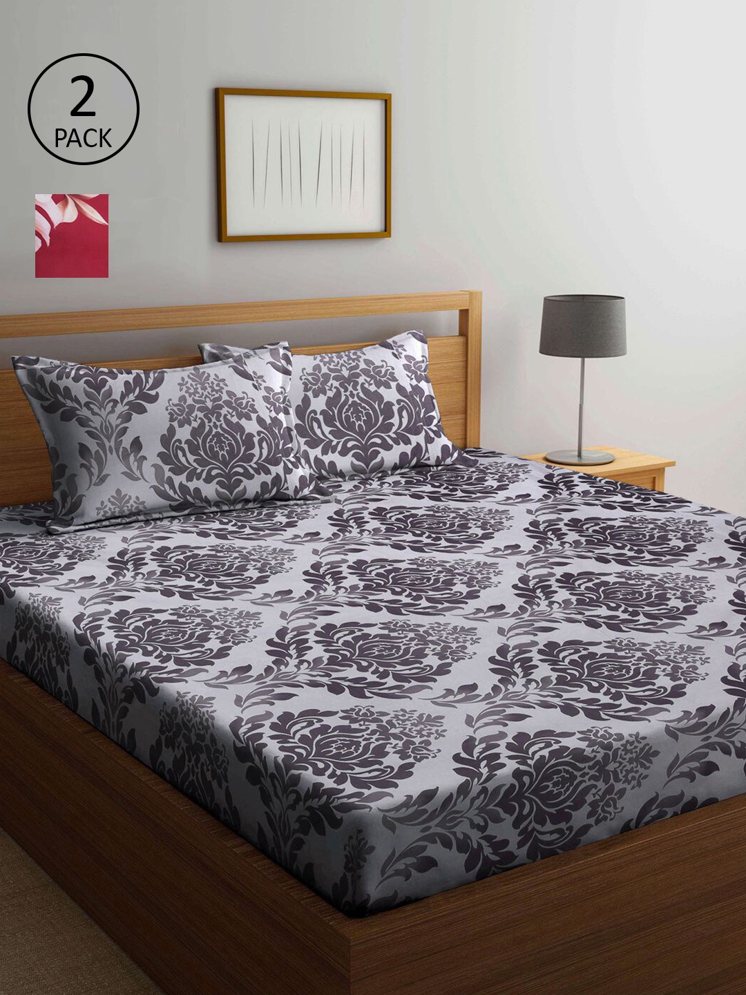 

KLOTTHE Grey & Maroon Floral 210 TC 2 King Bedsheet with 4 Pillow Covers