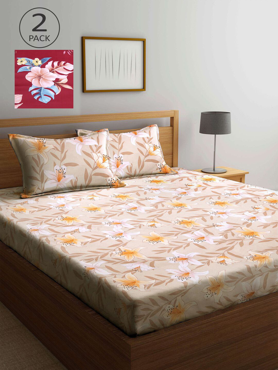 

KLOTTHE Beige & Maroon Floral 210 TC 2 King Bedsheet with 4 Pillow Covers