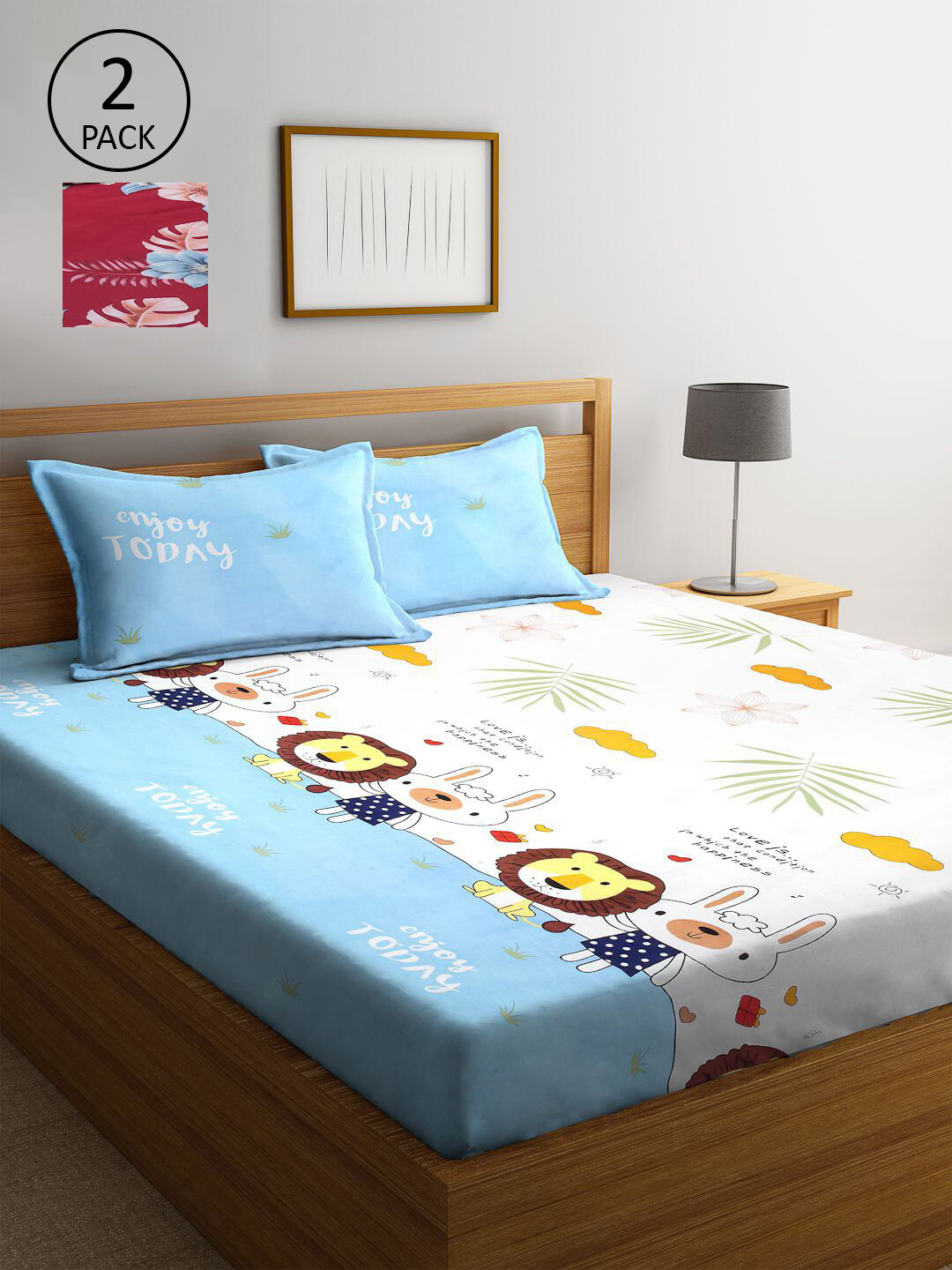 

KLOTTHE White & Maroon Cartoon Characters 210 TC 2 King Bedsheet with 4 Pillow Covers