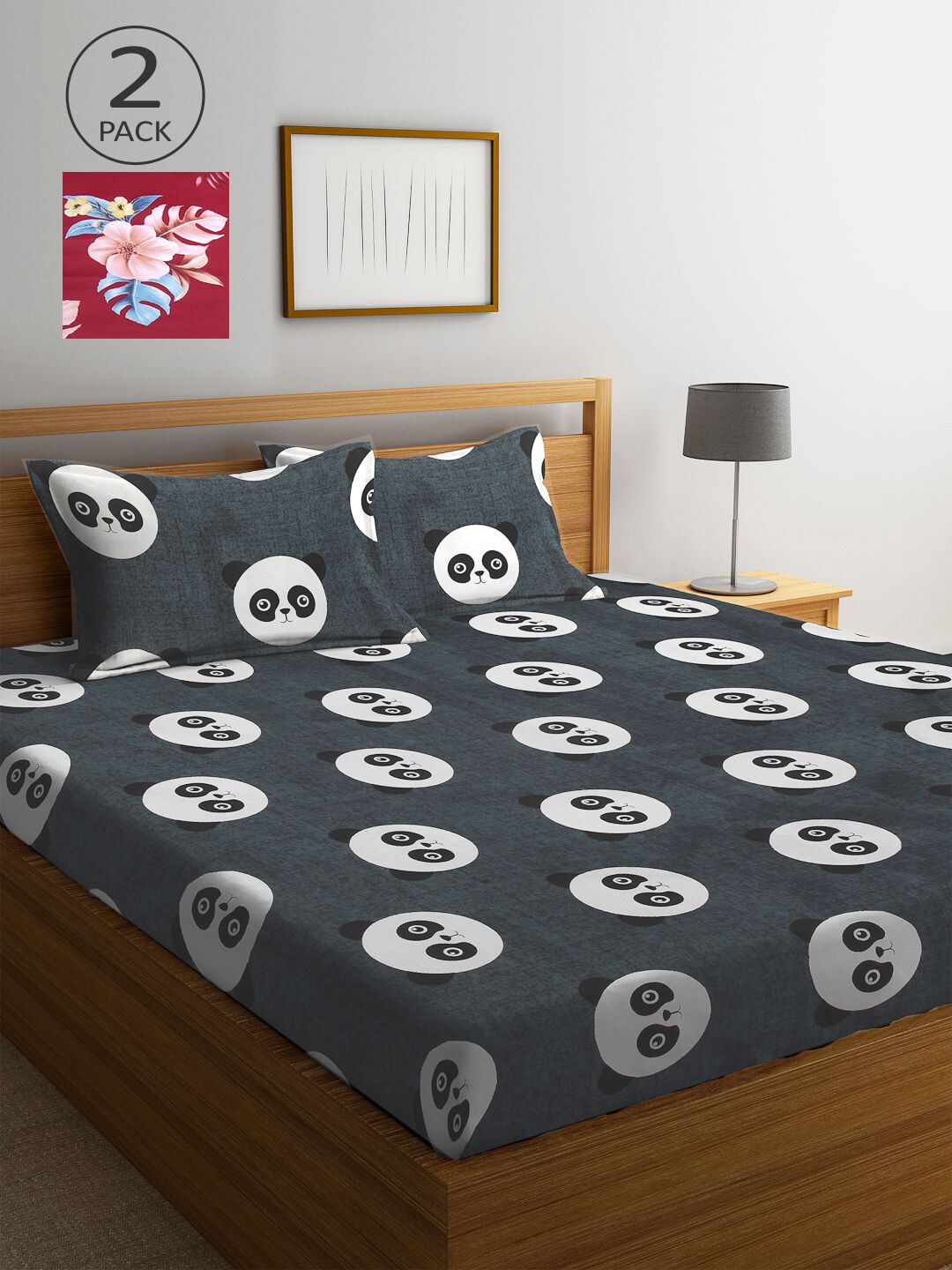 

KLOTTHE Grey & Maroon Cartoon Characters 210 TC 2 King Bedsheet with 4 Pillow Covers