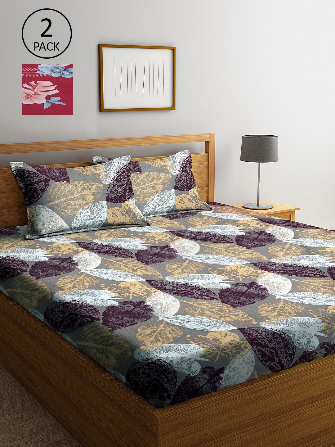 

KLOTTHE Grey & Maroon Floral 210 TC 2 King Bedsheet with 4 Pillow Covers
