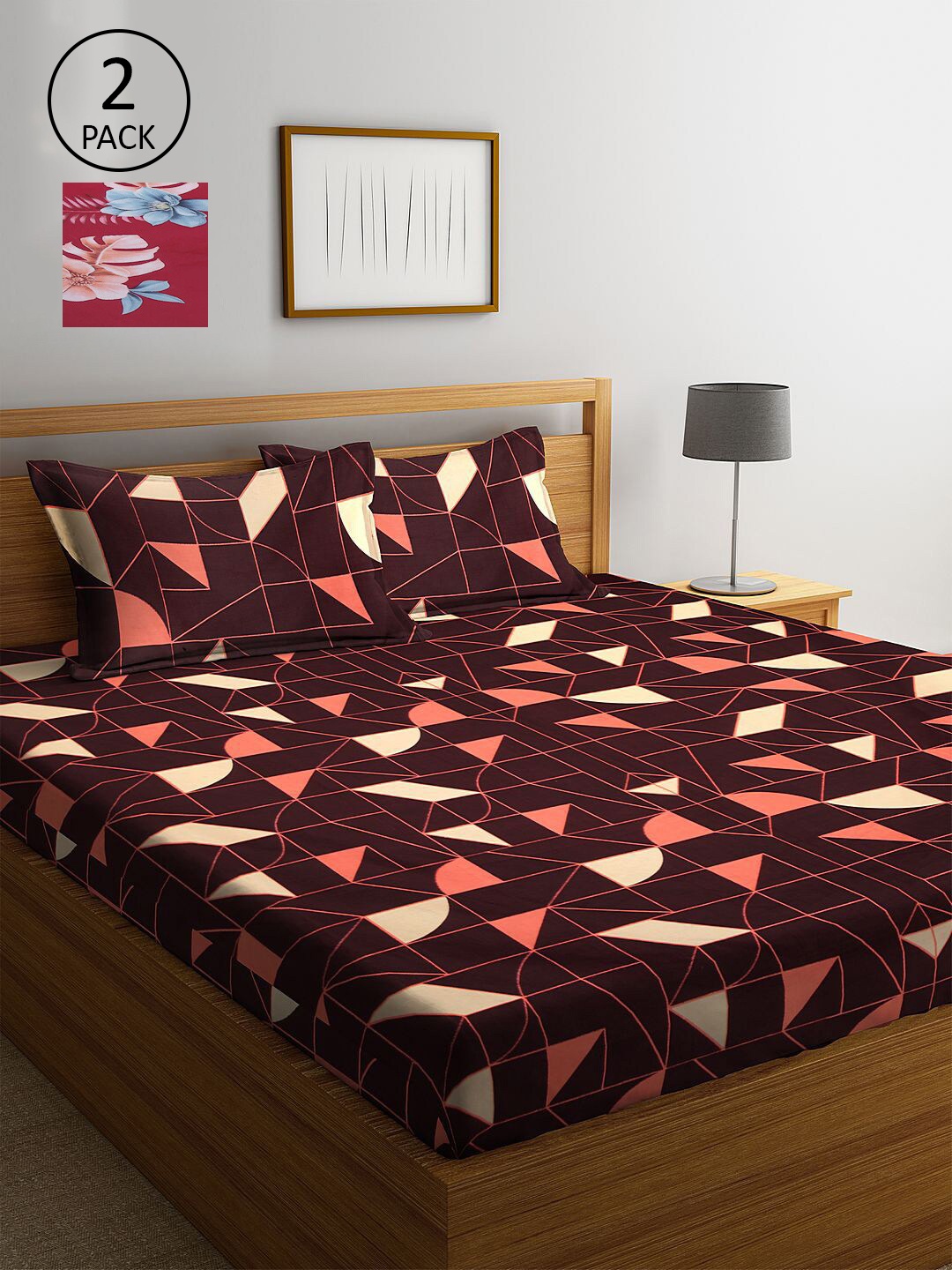 

KLOTTHE Brown & Maroon Geometric 210 TC 2 King Bedsheet with 4 Pillow Covers