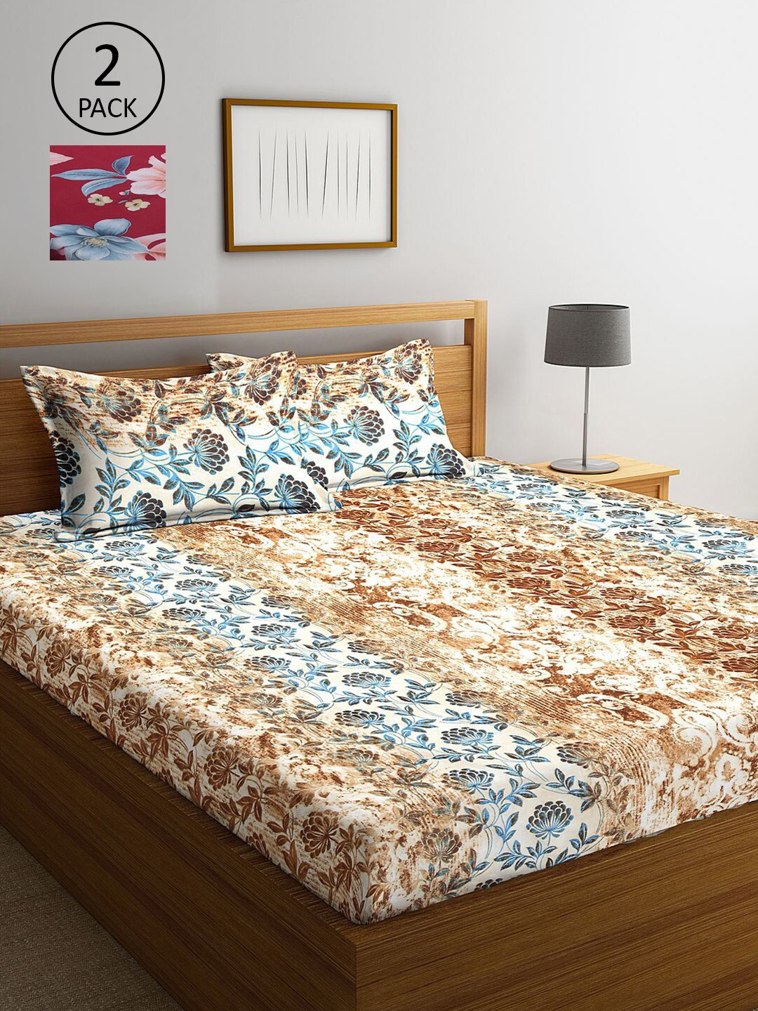 

KLOTTHE Beige & Maroon Floral 210 TC 2 King Bedsheet with 4 Pillow Covers