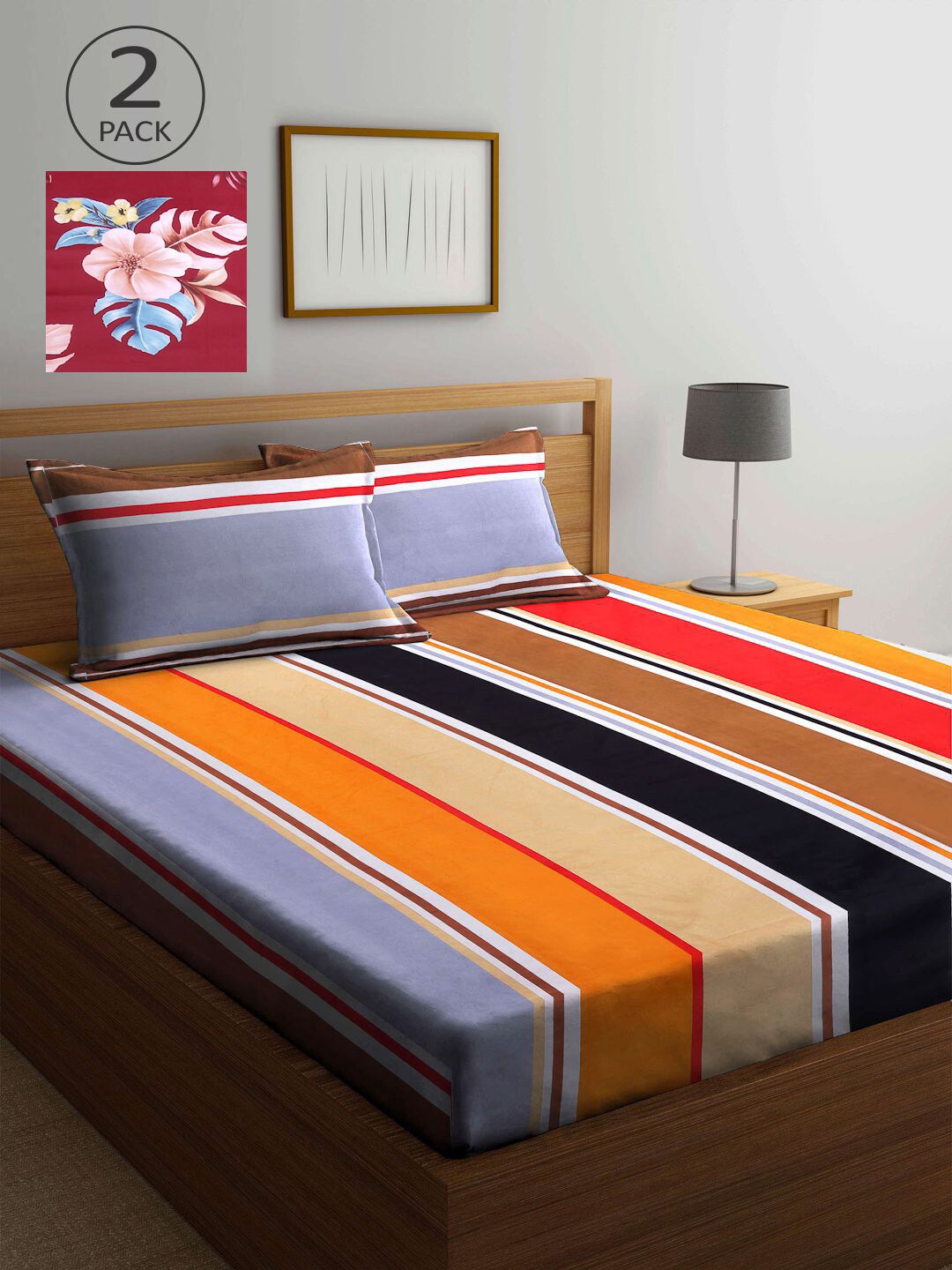 

KLOTTHE Orange & Maroon Striped 210 TC 2 King Bedsheet with 4 Pillow Covers