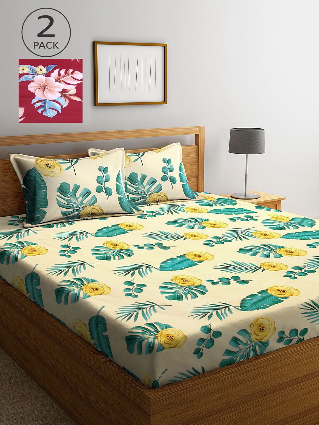 

KLOTTHE Beige & Maroon Floral 210 TC 2 King Bedsheet with 4 Pillow Covers