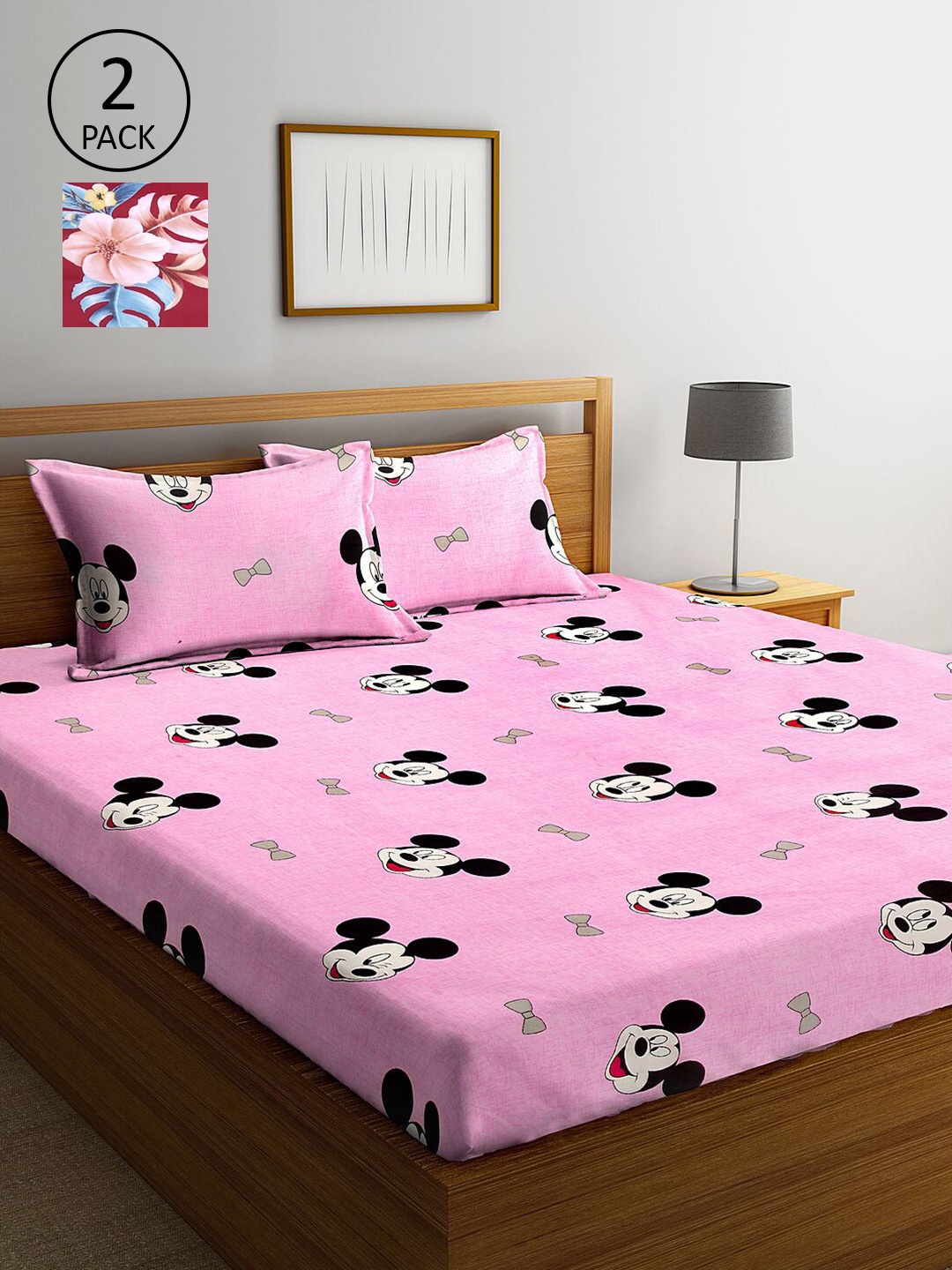 

KLOTTHE Pink & Maroon Cartoon Characters 210 TC 2 King Bedsheet with 4 Pillow Covers