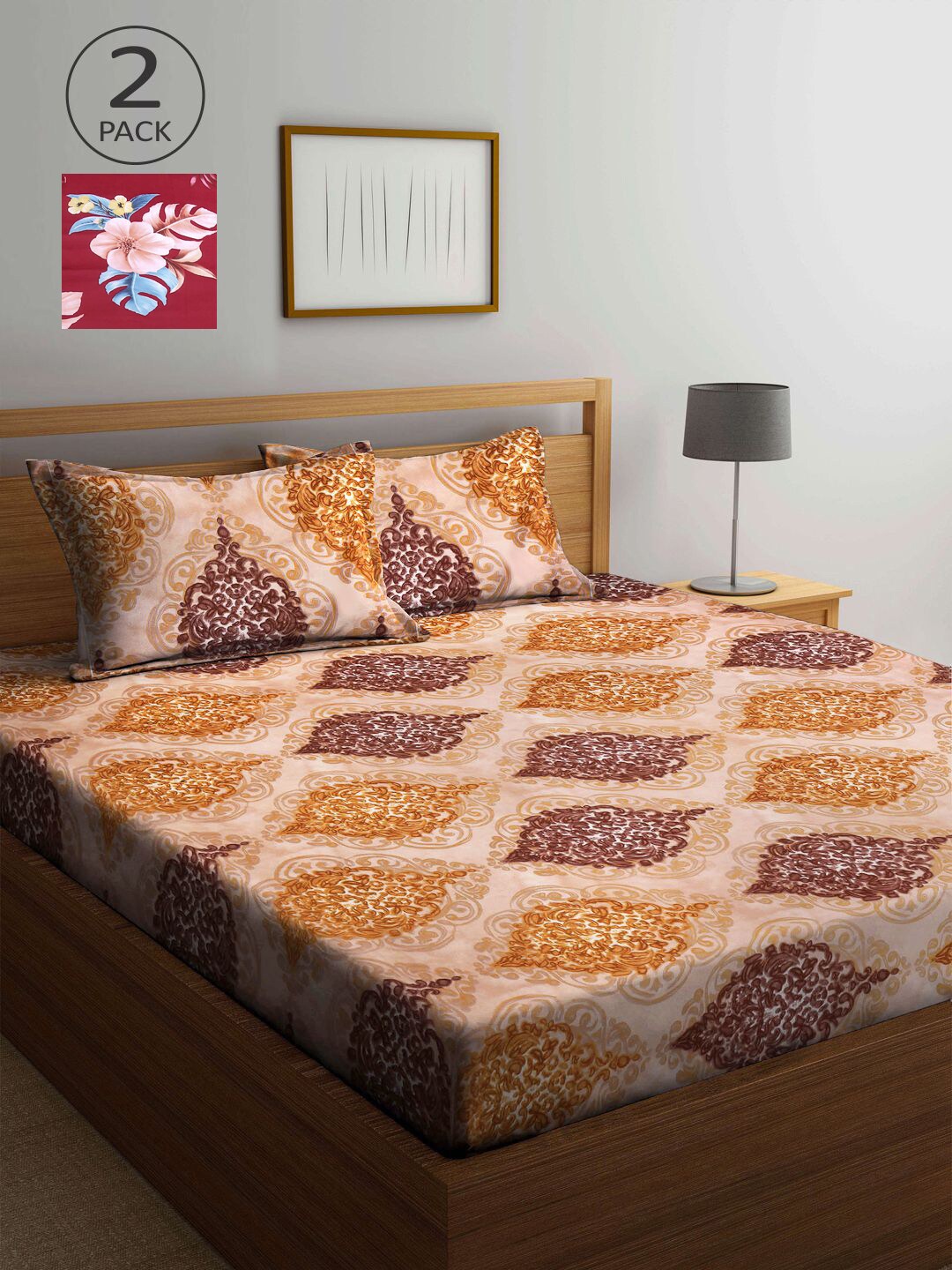 

KLOTTHE Beige & Maroon Ethnic Motifs 210 TC 2 King Bedsheet with 4 Pillow Covers