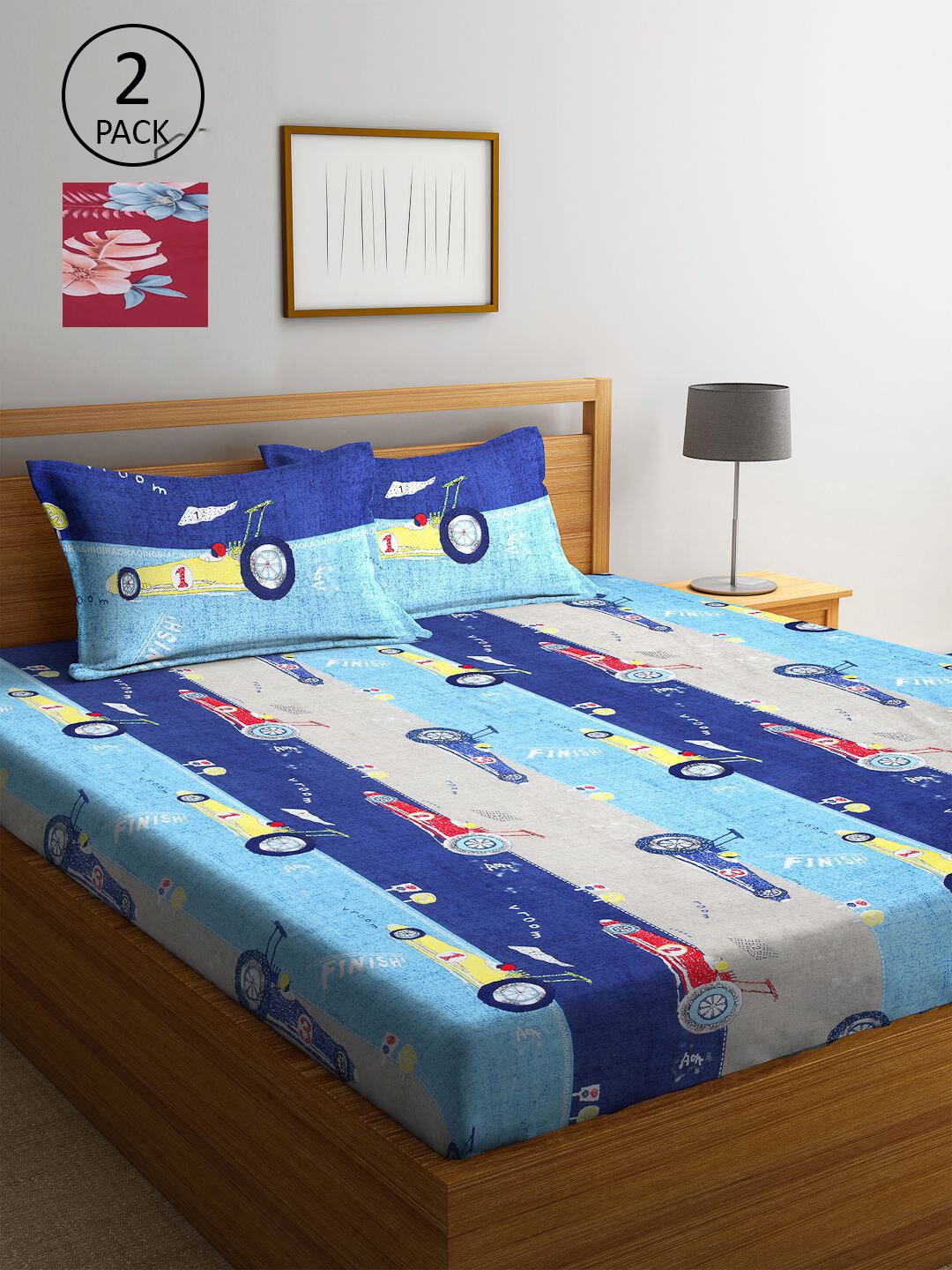 

KLOTTHE Blue & Maroon Cartoon Characters 210 TC 2 King Bedsheet with 4 Pillow Covers