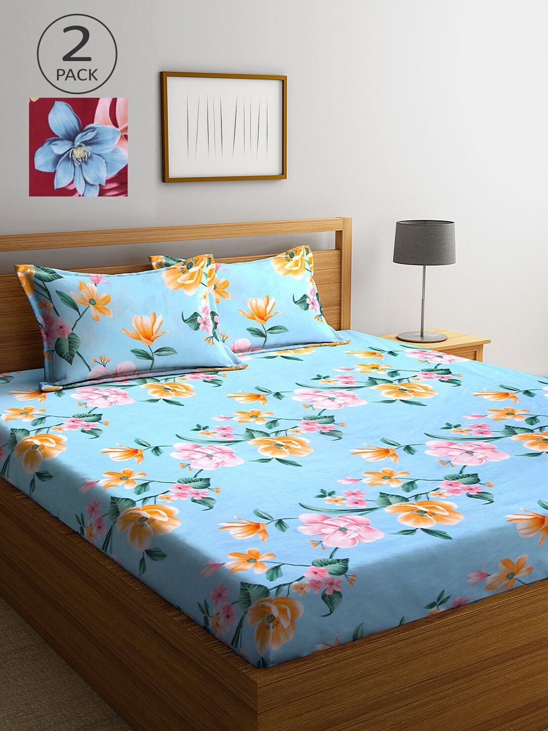 

KLOTTHE Blue & Maroon Floral 210 TC 2 King Bedsheet with 4 Pillow Covers