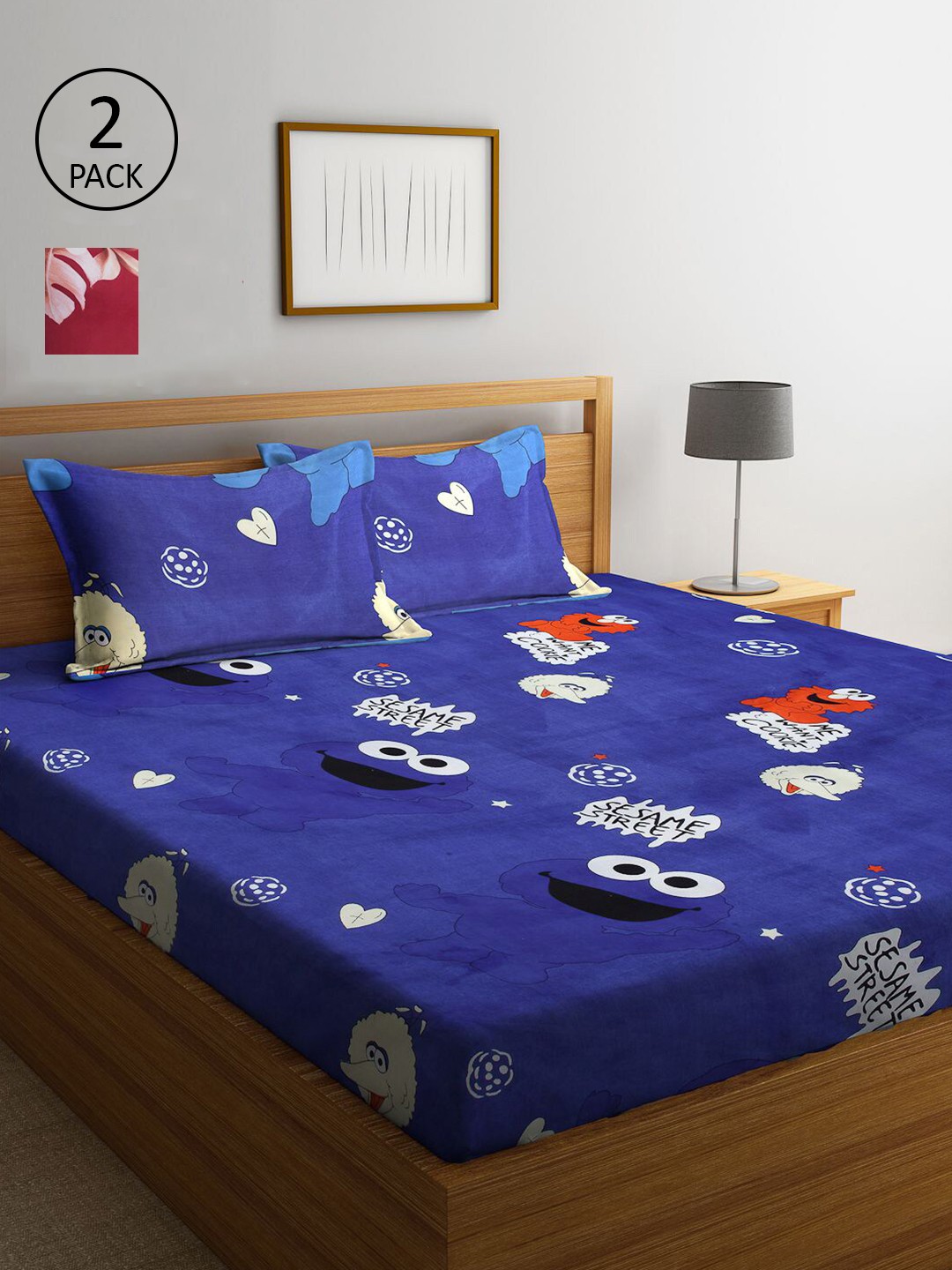

KLOTTHE Blue & Maroon Cartoon Characters 210 TC 2 King Bedsheet with 4 Pillow Covers