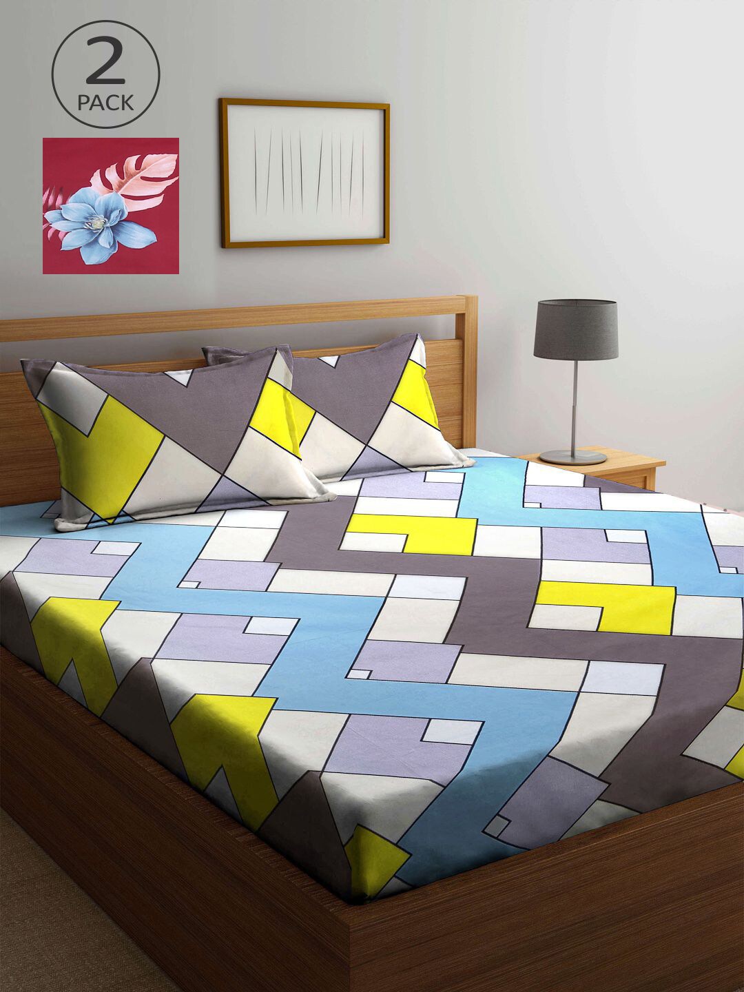 

KLOTTHE Blue & Maroon Geometric 210 TC 2 King Bedsheet with 4 Pillow Covers