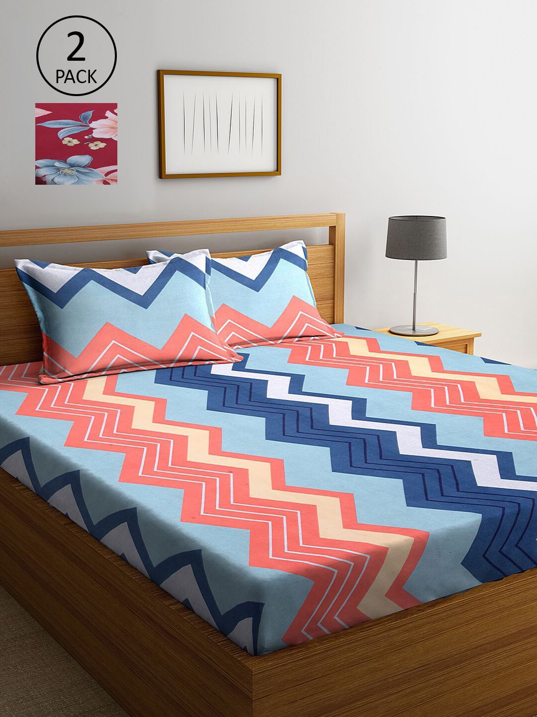 

KLOTTHE Blue & Maroon Geometric 210 TC 2 King Bedsheet with 4 Pillow Covers