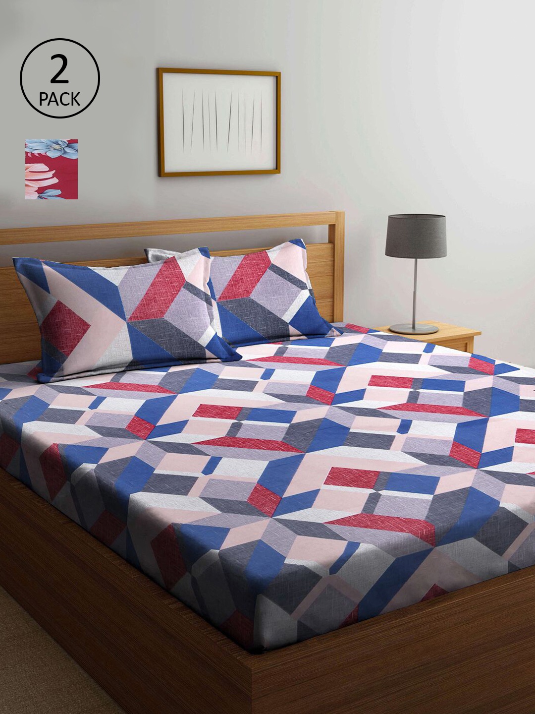 

KLOTTHE Blue & Maroon Geometric 210 TC 2 King Bedsheet with 4 Pillow Covers