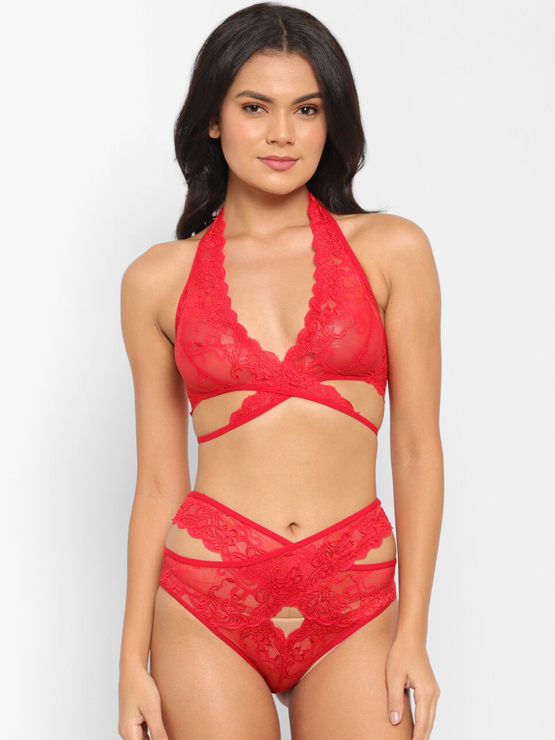 

N-Gal Women Red Lace Criss-Cross Lingerie Set - NRLS12