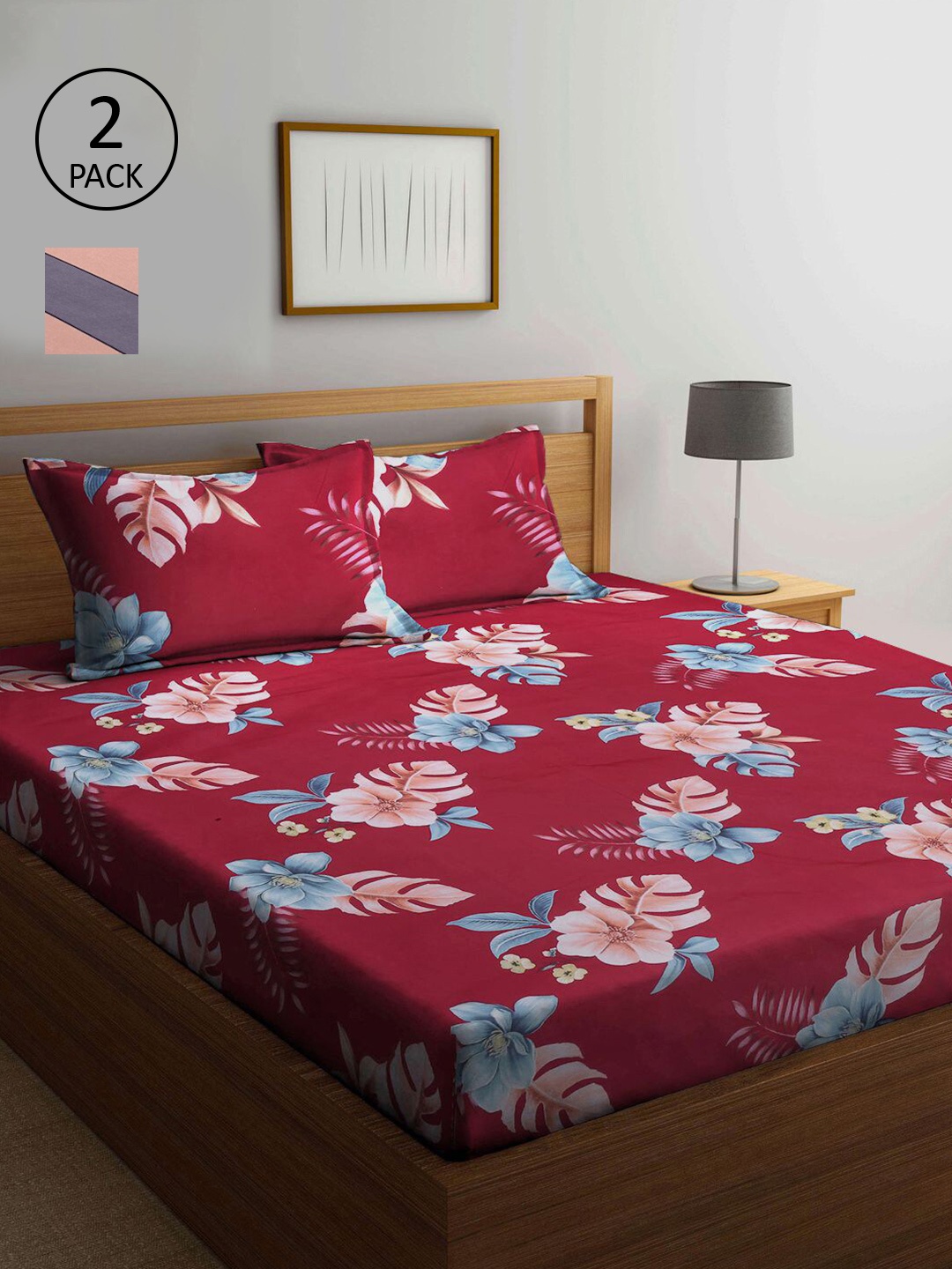 

KLOTTHE Maroon & Peach-Coloured Floral 210 TC 2 King Bedsheet with 4 Pillow Covers