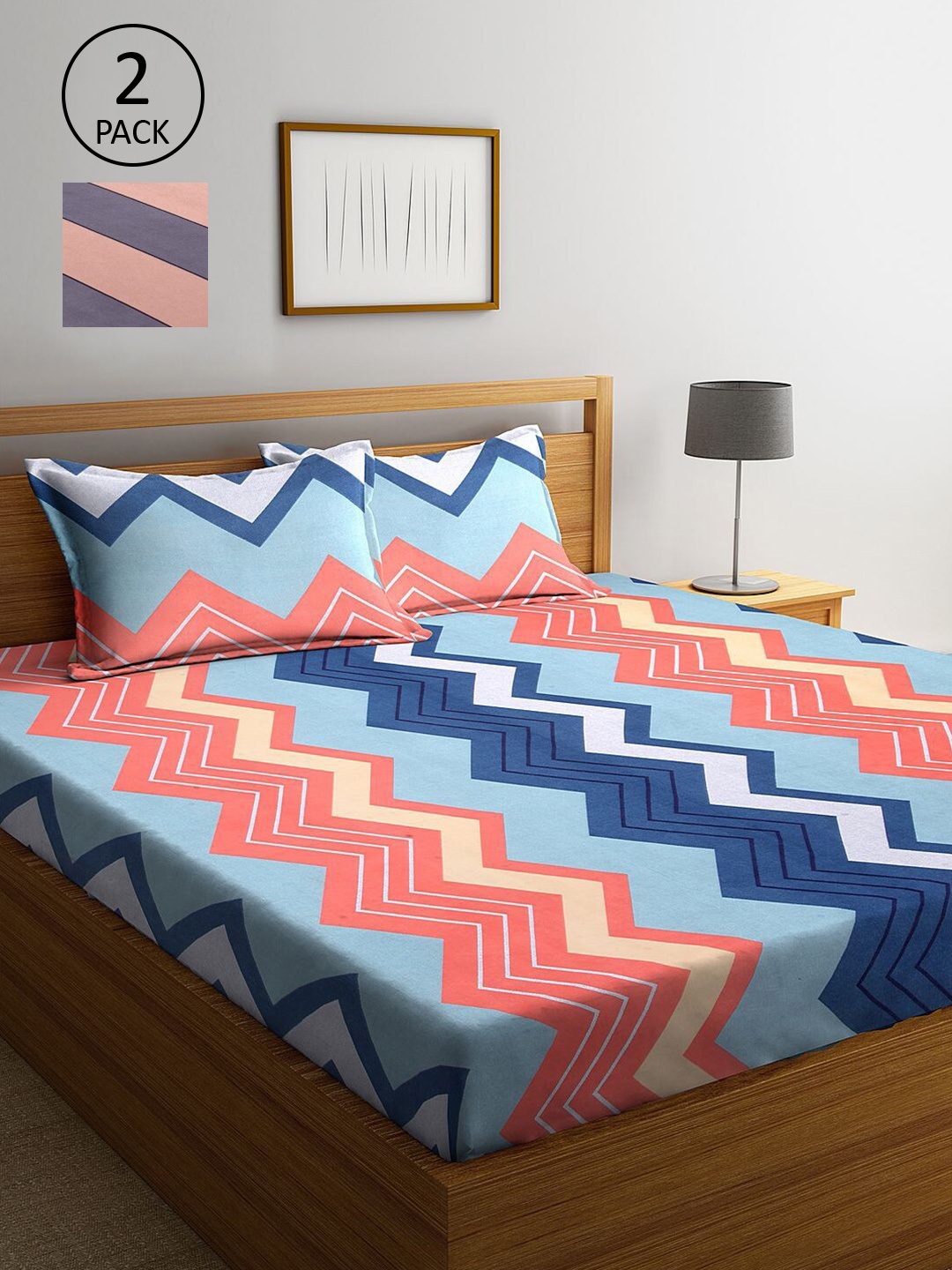 

KLOTTHE Peach-Coloured & Blue Geometric 210 TC 2 King Bedsheet with 4 Pillow Covers