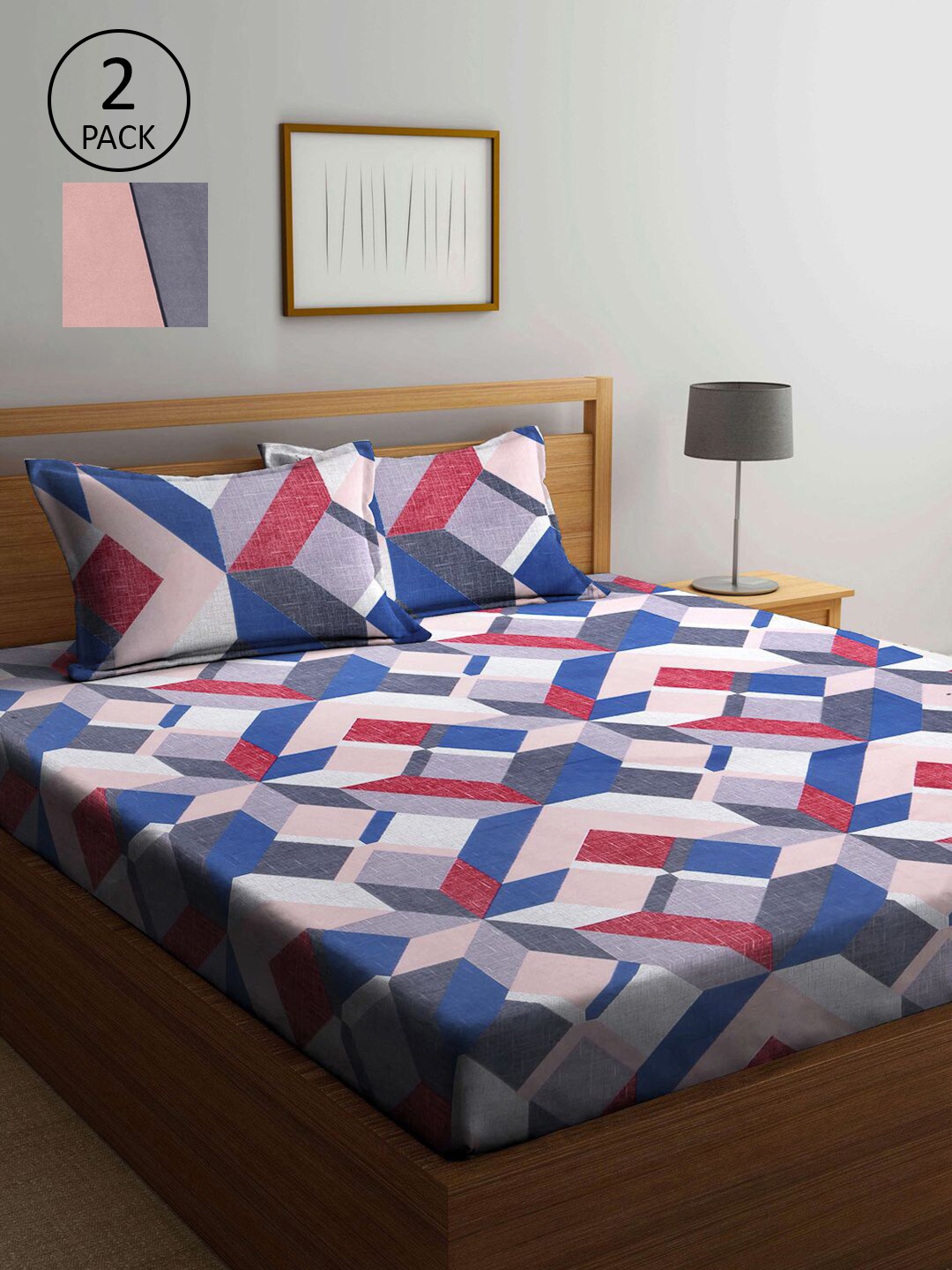 

KLOTTHE Blue & Pink Geometric 210 TC 2 King Bedsheet with 4 Pillow Covers