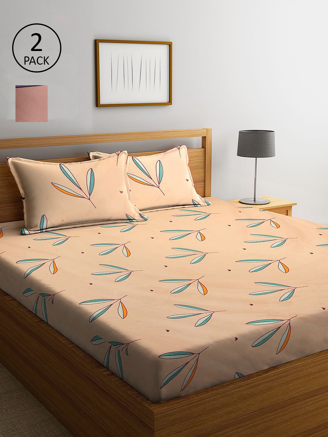 

KLOTTHE Beige & Pink Floral 210 TC 2 King Bedsheet with 4 Pillow Covers