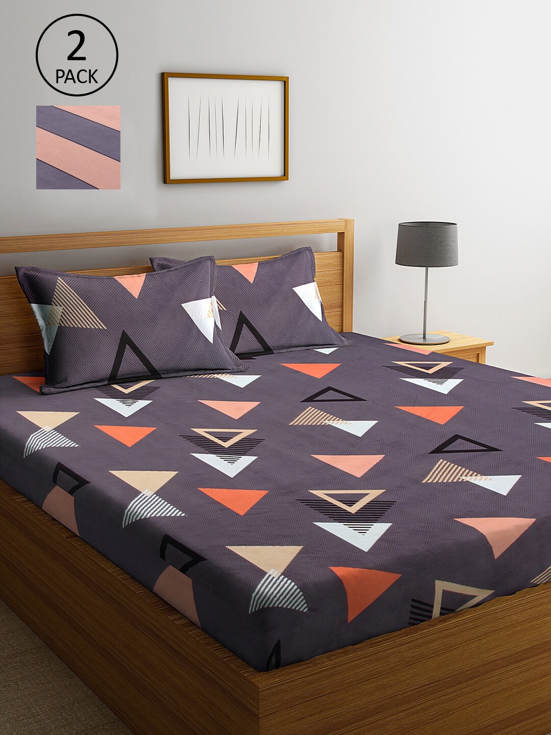

KLOTTHE Grey & Pink Geometric 210 TC 2 King Bedsheet with 4 Pillow Covers
