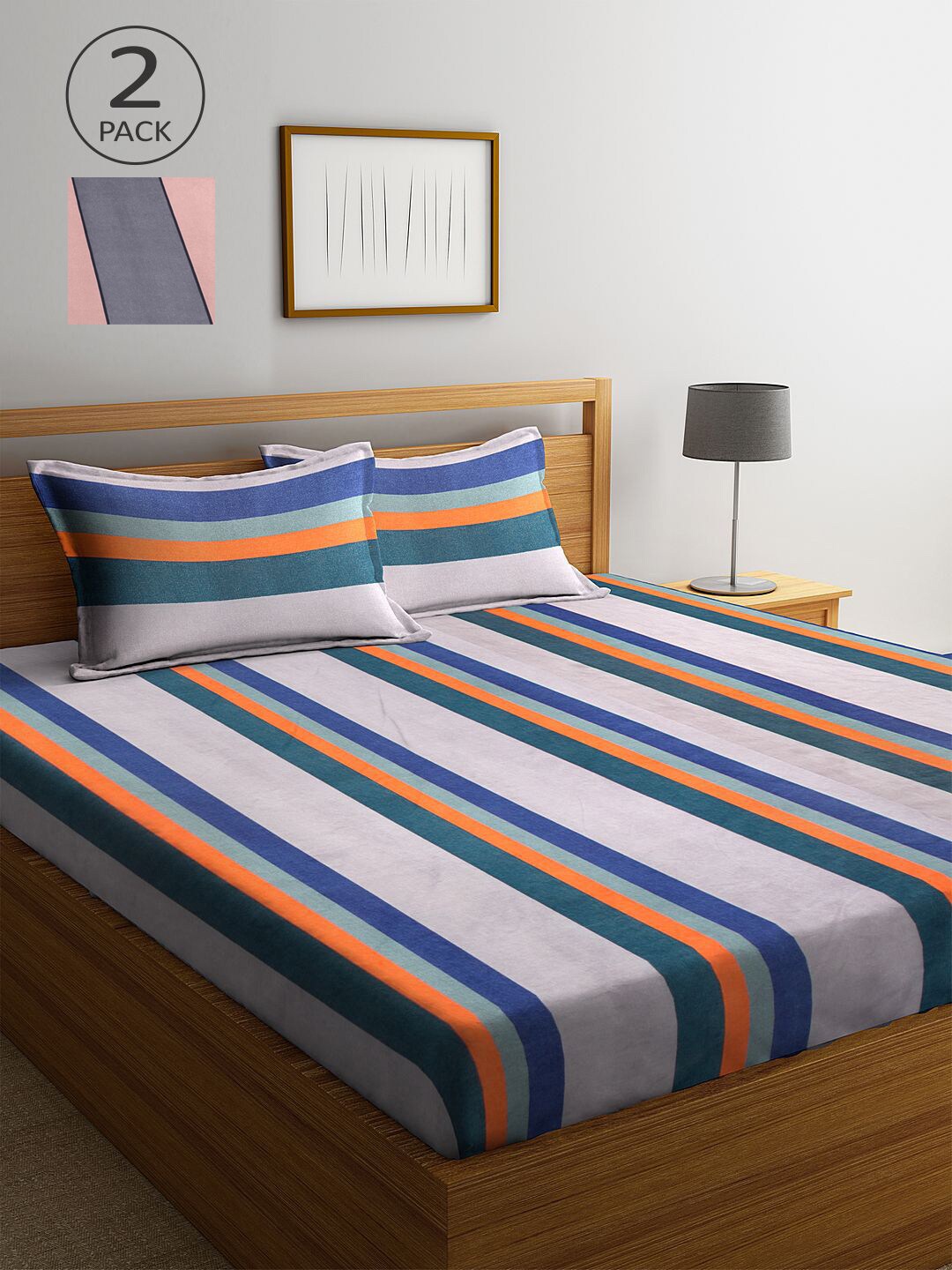 

KLOTTHE Off White & Blue Striped 210 TC 2 King Bedsheet with 4 Pillow Covers