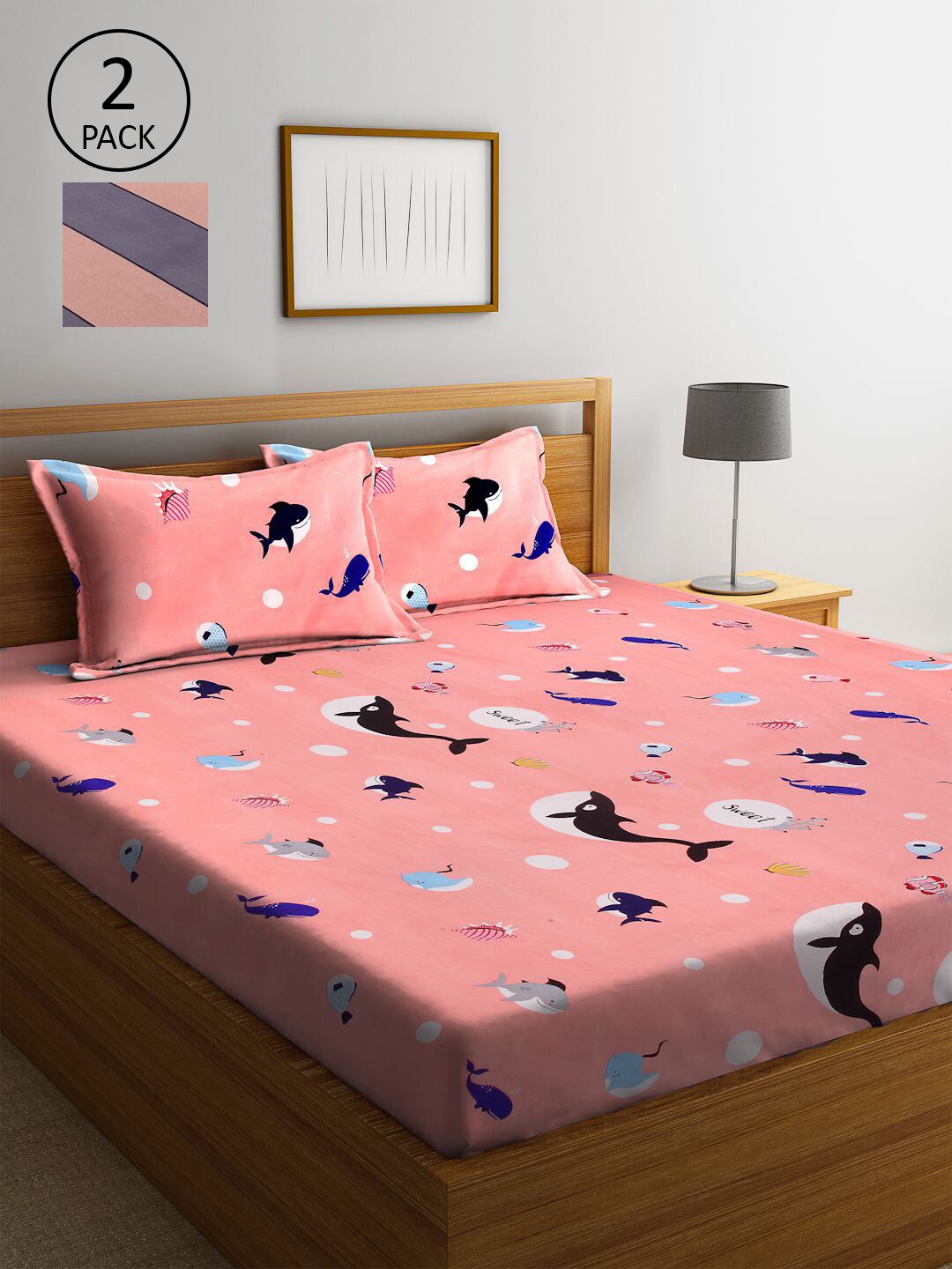 

KLOTTHE Pink & Purple Cartoon Characters 210 TC 2 King Bedsheet with 4 Pillow Covers