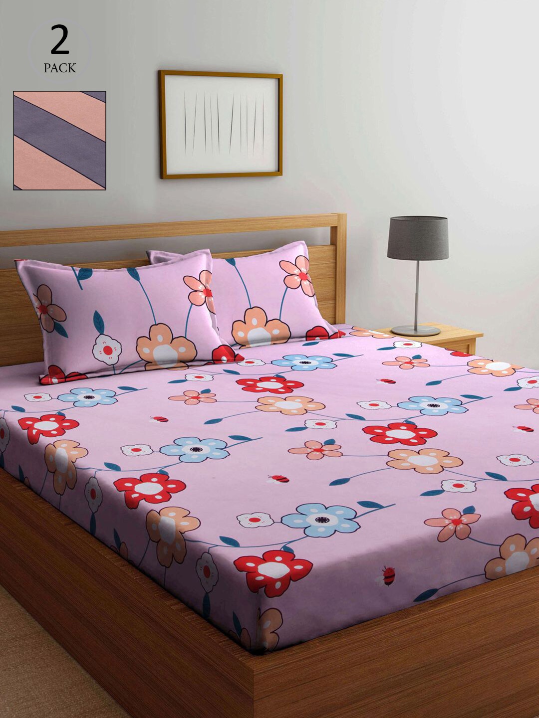 

KLOTTHE Pink & Purple Floral 210 TC 2 King Bedsheet with 4 Pillow Covers