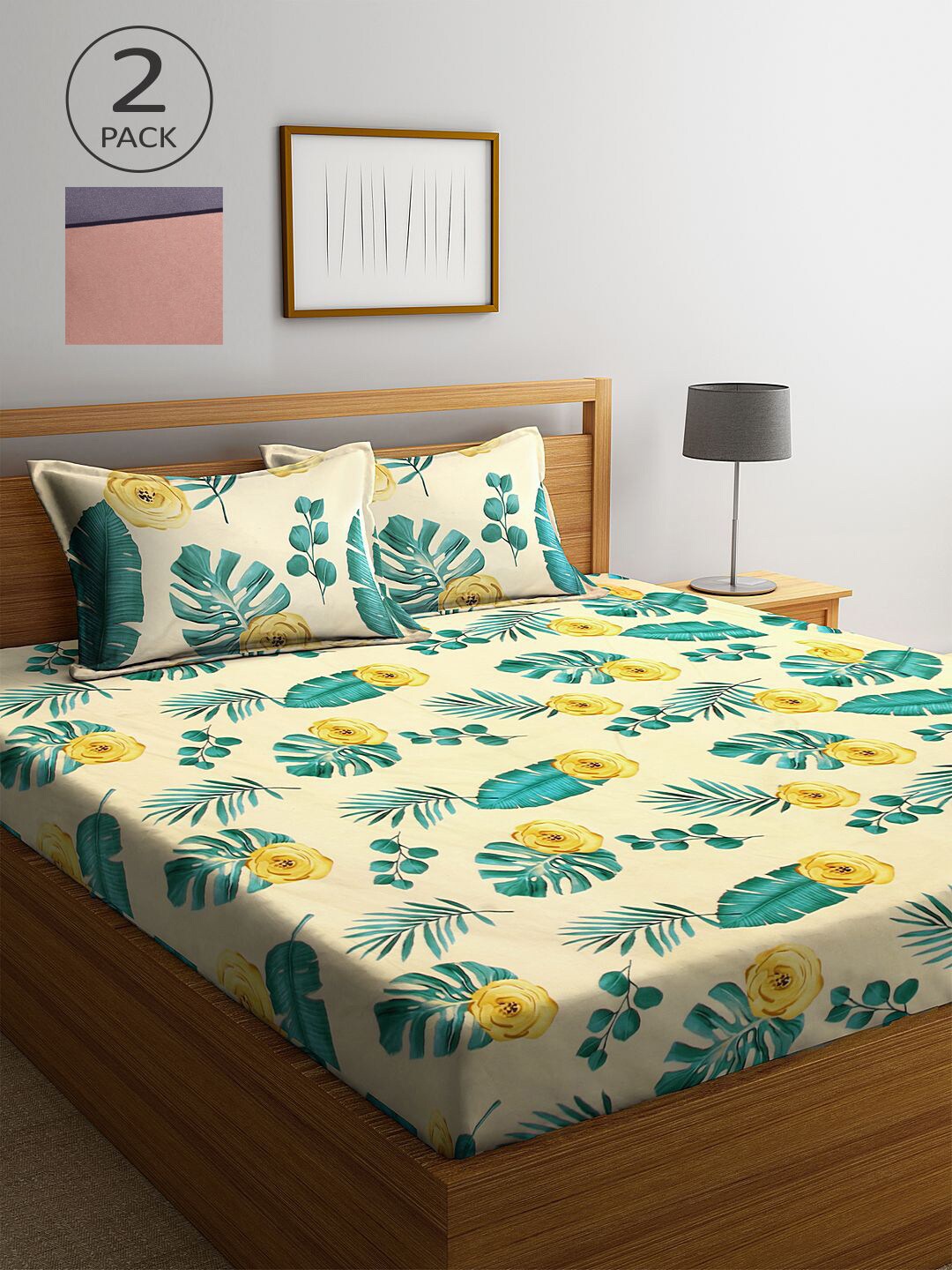 

KLOTTHE Beige & Green Floral 210 TC 2 King Bedsheet with 4 Pillow Covers