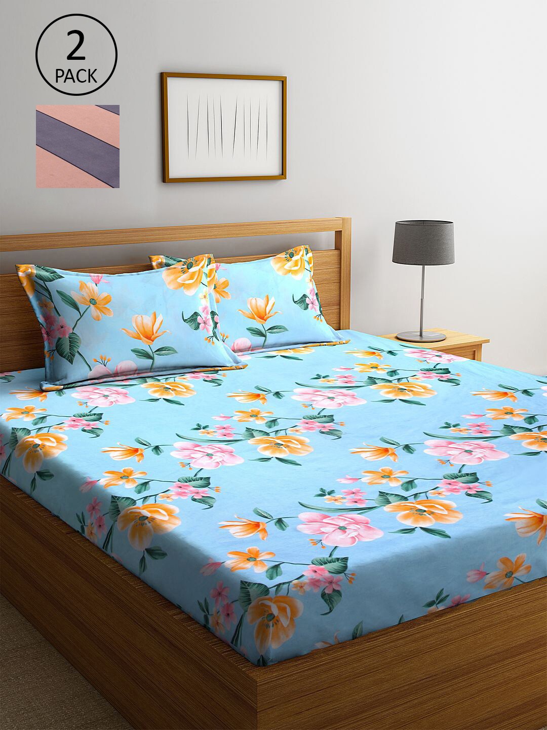 

KLOTTHE Blue & Pink Floral 210 TC 2 King Bedsheet with 4 Pillow Covers