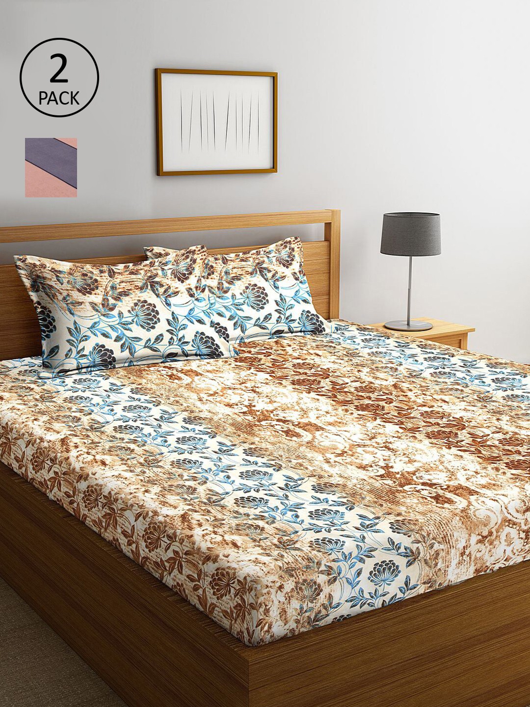 

KLOTTHE Beige & Blue Floral 210 TC 2 King Bedsheet with 4 Pillow Covers