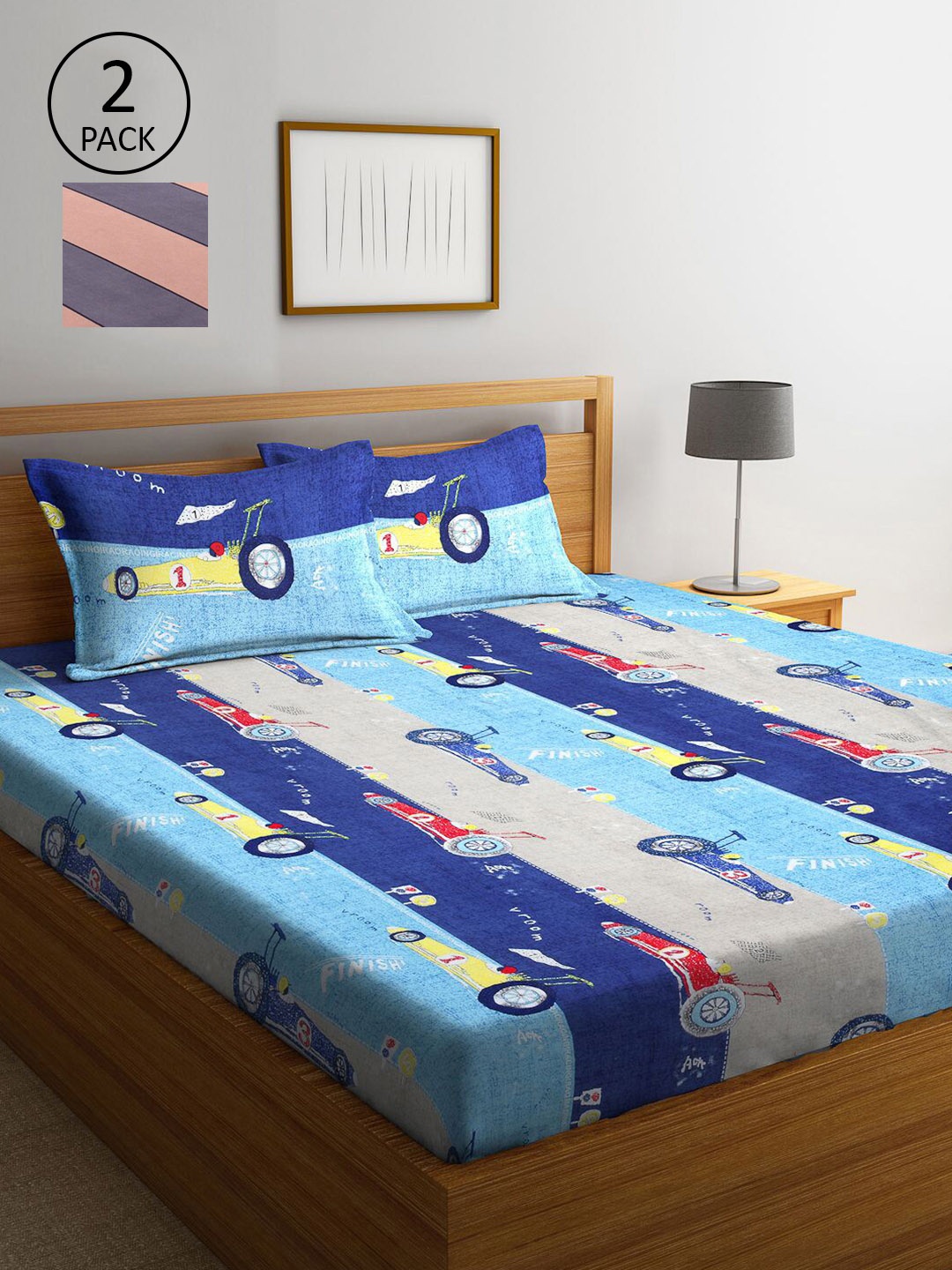 

KLOTTHE Blue & White Cartoon Characters 210 TC 2 King Bedsheet with 4 Pillow Covers
