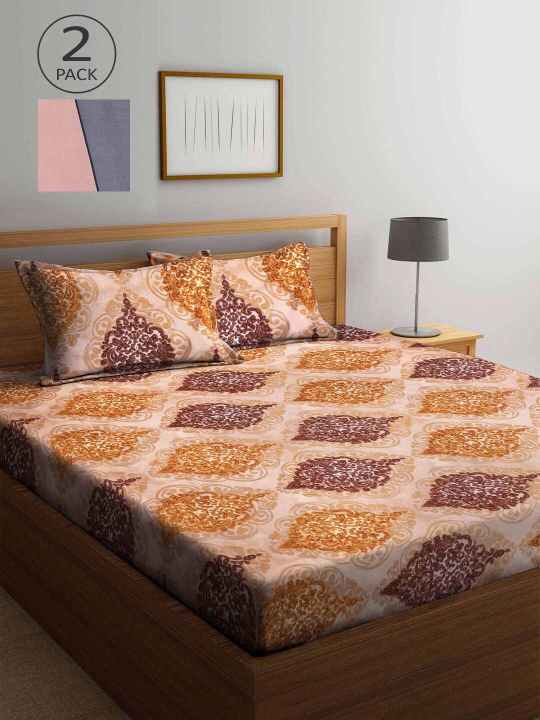 

KLOTTHE Beige & Pink Ethnic Motifs 210 TC 2 King Bedsheet with 4 Pillow Covers