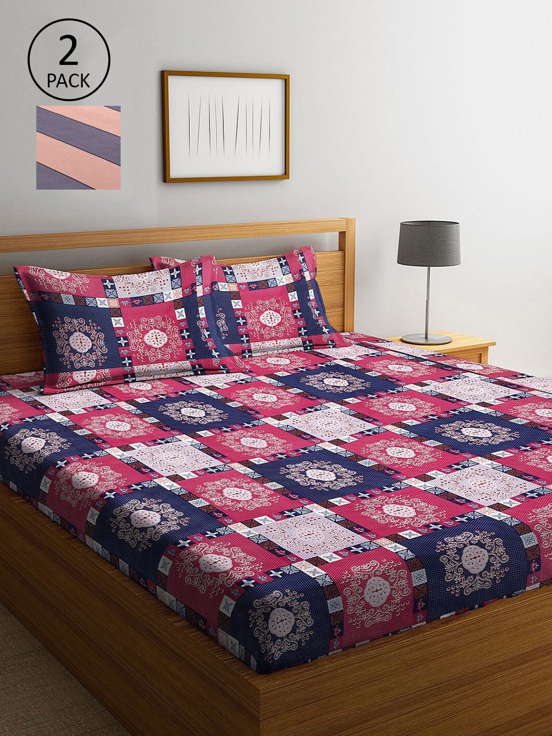 

KLOTTHE Navy Blue & Pink Geometric 210 TC 2 King Bedsheet with 4 Pillow Covers