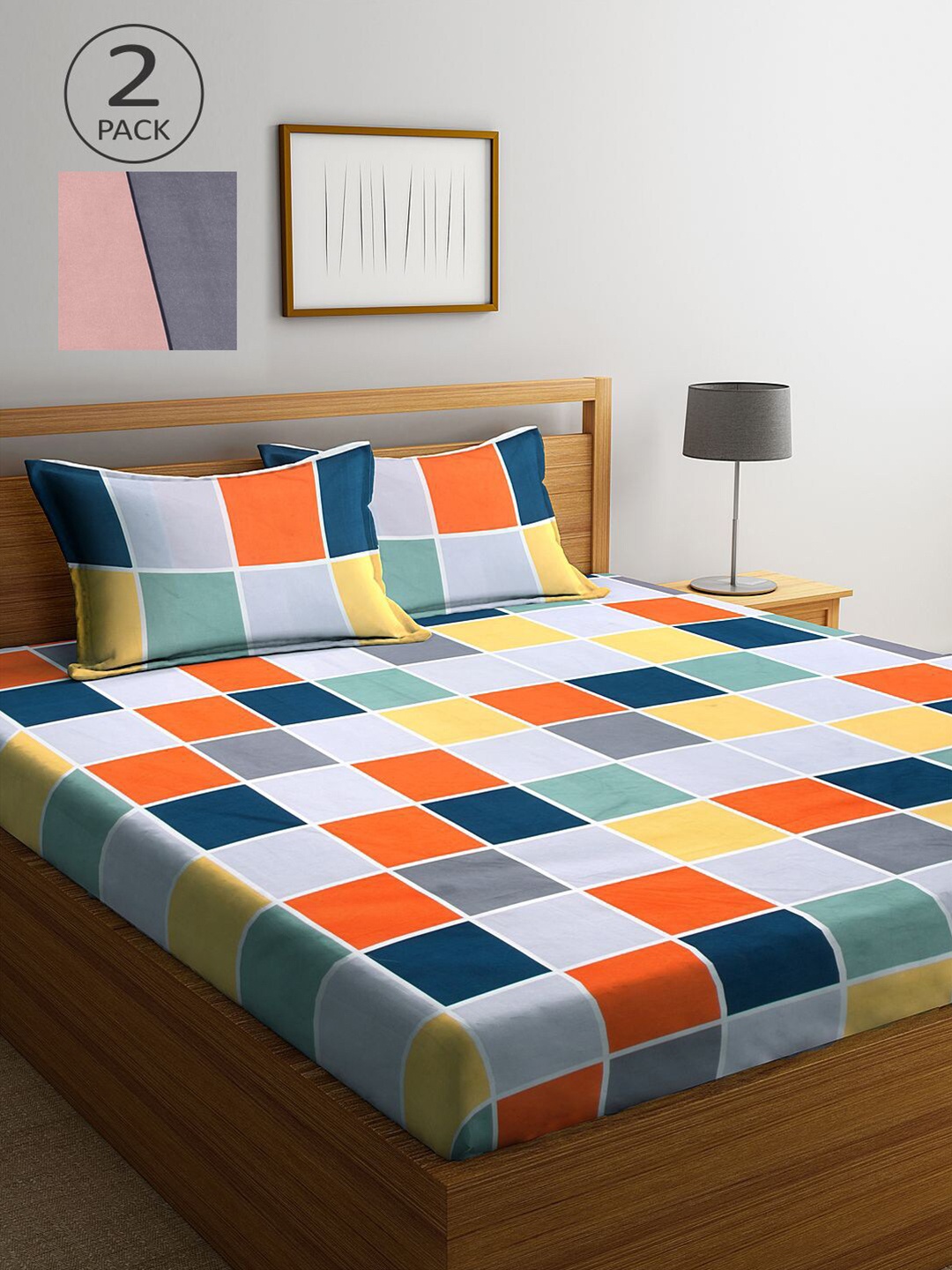 

KLOTTHE Grey & Pink Geometric 210 TC 2 King Bedsheet with 4 Pillow Covers