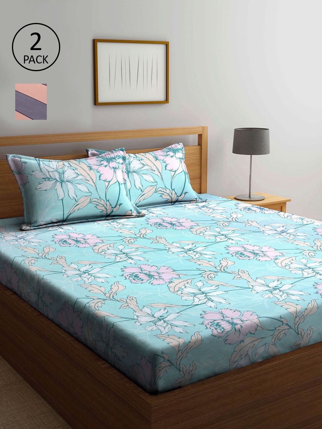 

KLOTTHE Turquoise Blue & Pink Floral 210 TC 2 King Bedsheet with 4 Pillow Covers