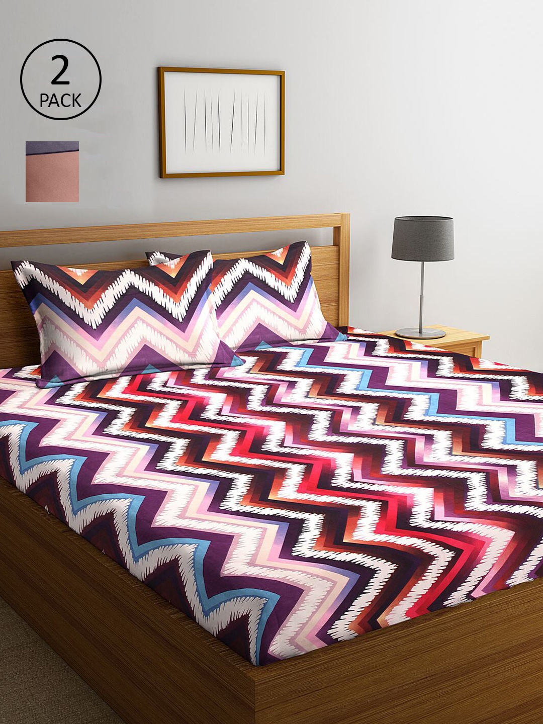 

KLOTTHE Pink & Red Geometric 210 TC 2 King Bedsheet with 4 Pillow Covers