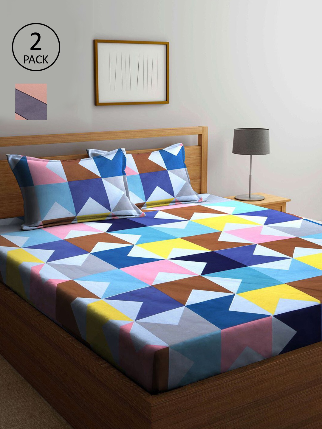 

KLOTTHE Blue & Pink Geometric 210 TC 2 King Bedsheet with 4 Pillow Covers