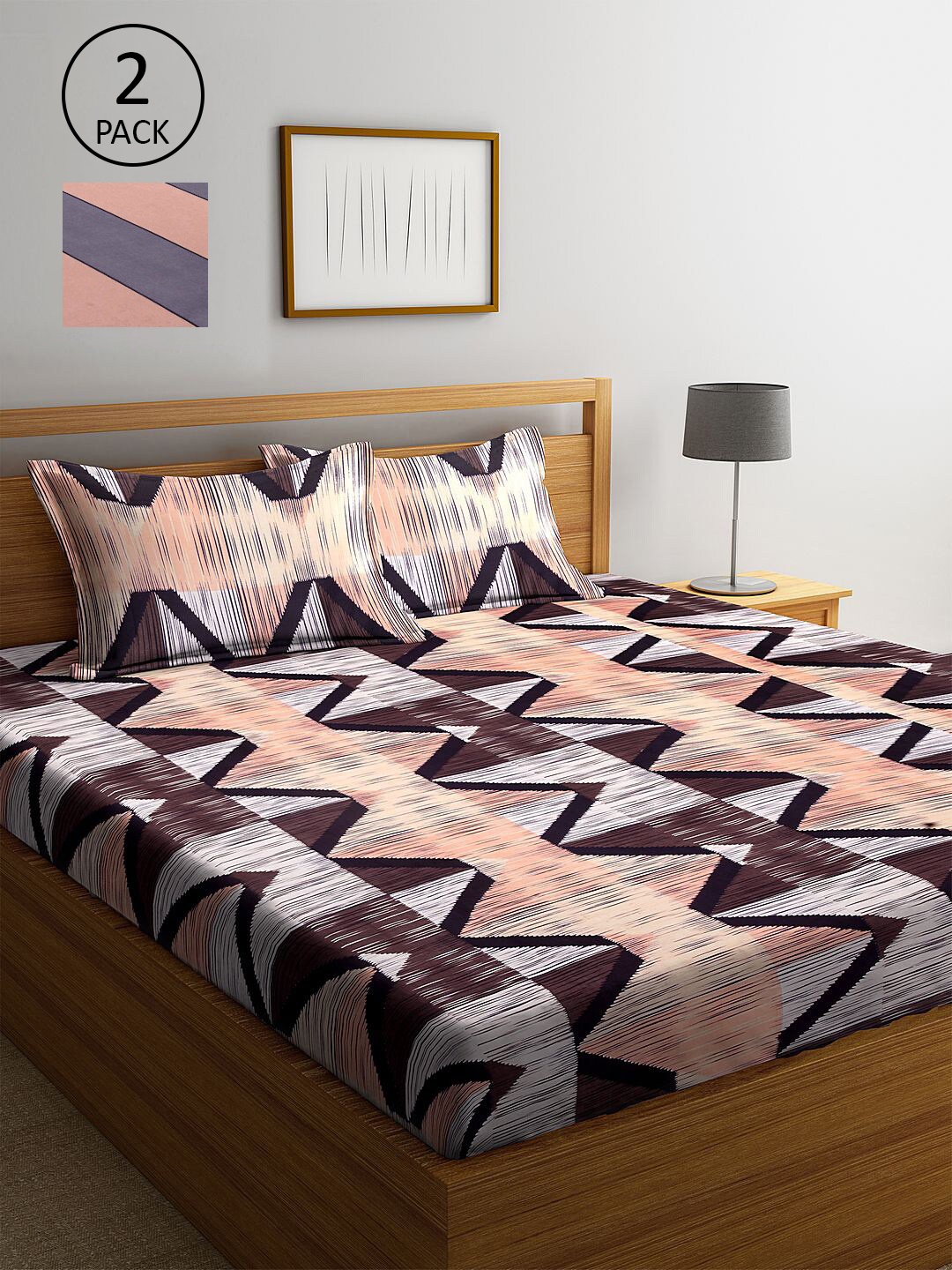 

KLOTTHE Brown & Peach-Coloured Geometric 210 TC 2 King Bedsheet with 4 Pillow Covers