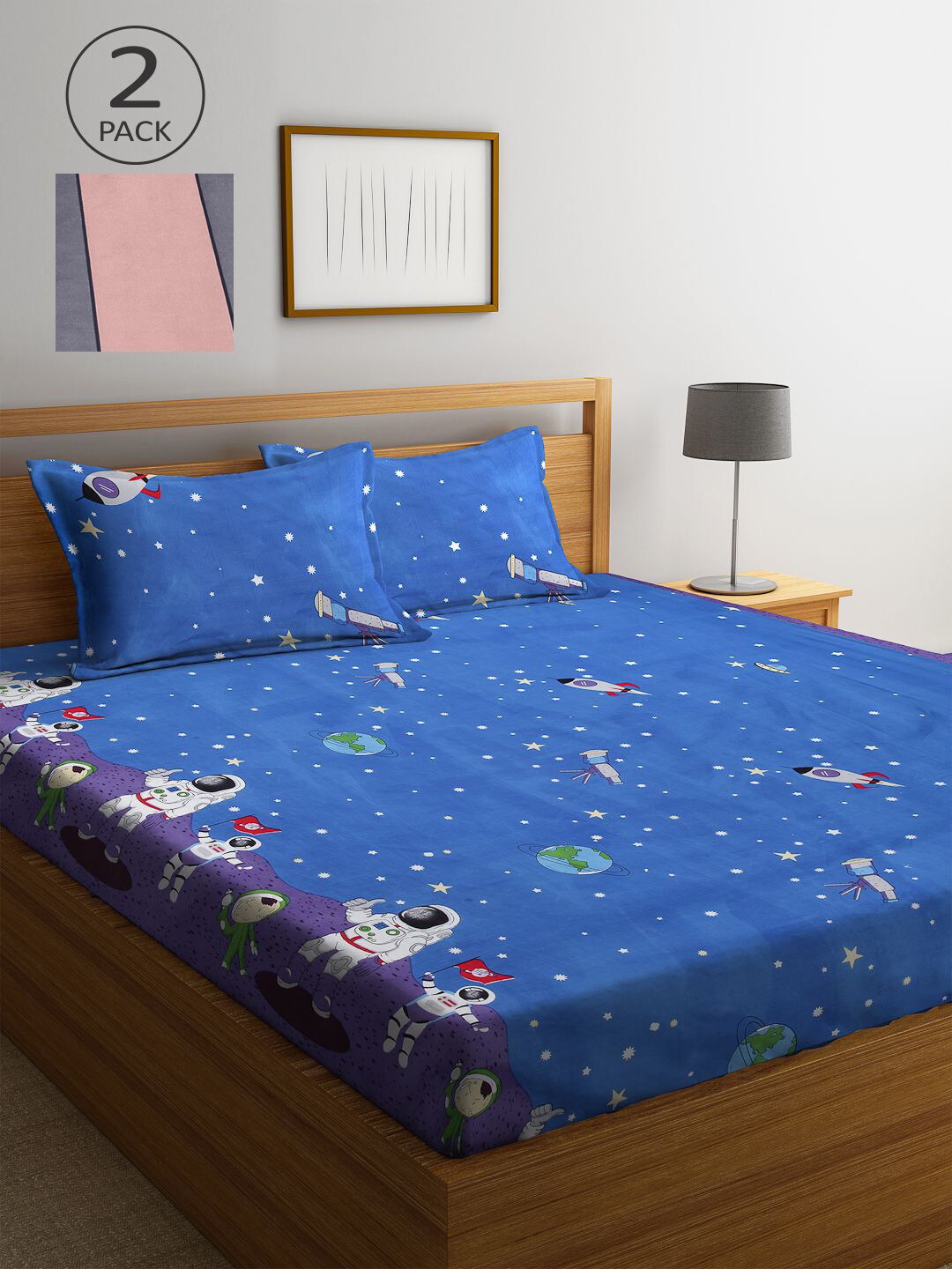 

KLOTTHE Blue & Pink Cartoon Characters 210 TC 2 King Bedsheet with 4 Pillow Covers