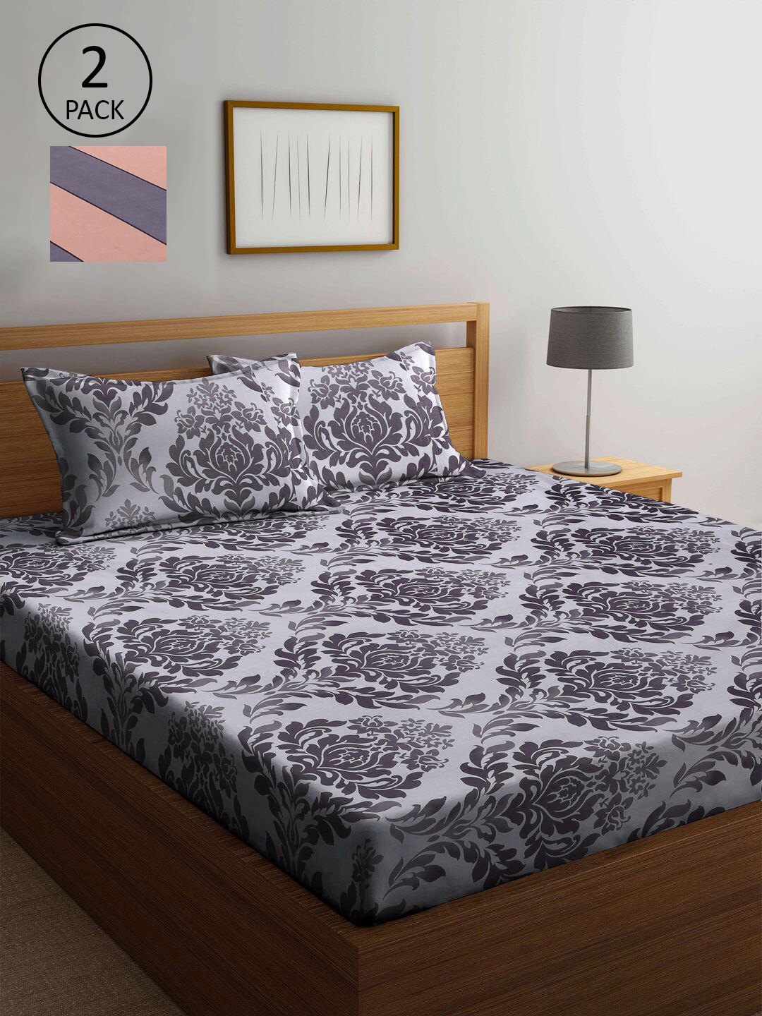 

KLOTTHE Grey & Pink Floral 210 TC 2 King Bedsheet with 4 Pillow Covers