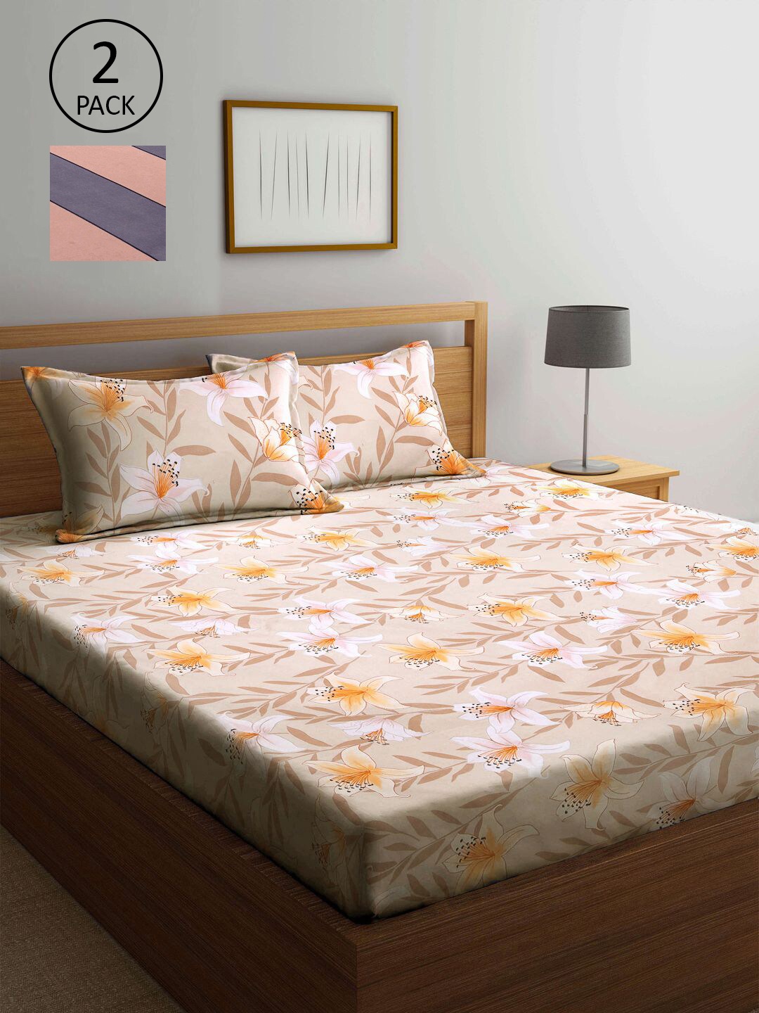 

KLOTTHE Beige & Pink Floral 210 TC 2 King Bedsheet with 4 Pillow Covers