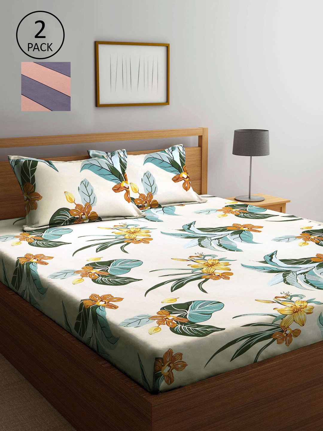 

KLOTTHE Beige & Pink Floral 210 TC 2 King Bedsheet with 4 Pillow Covers