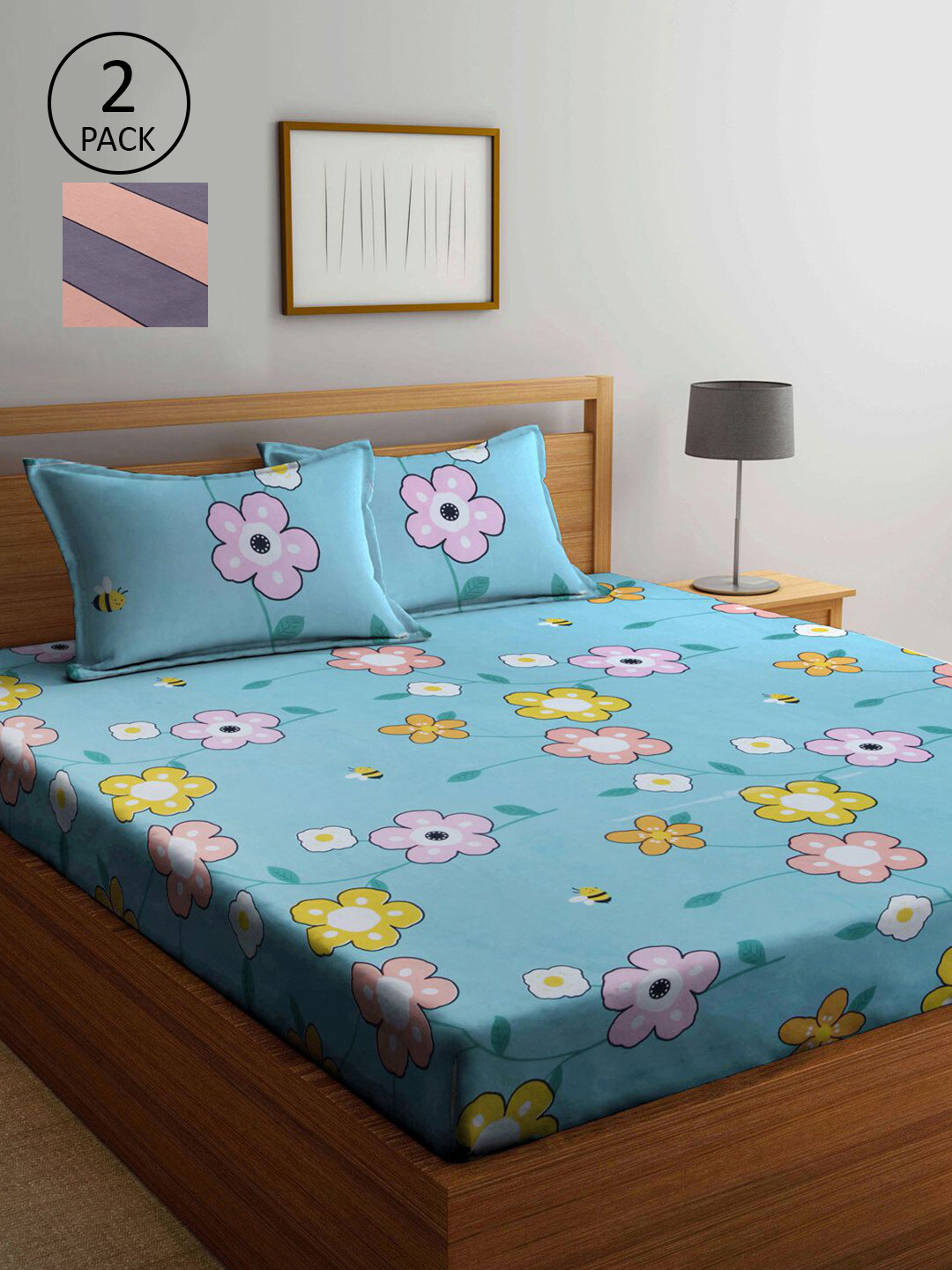 

KLOTTHE Blue & Pink Floral 210 TC 2 King Bedsheet with 4 Pillow Covers