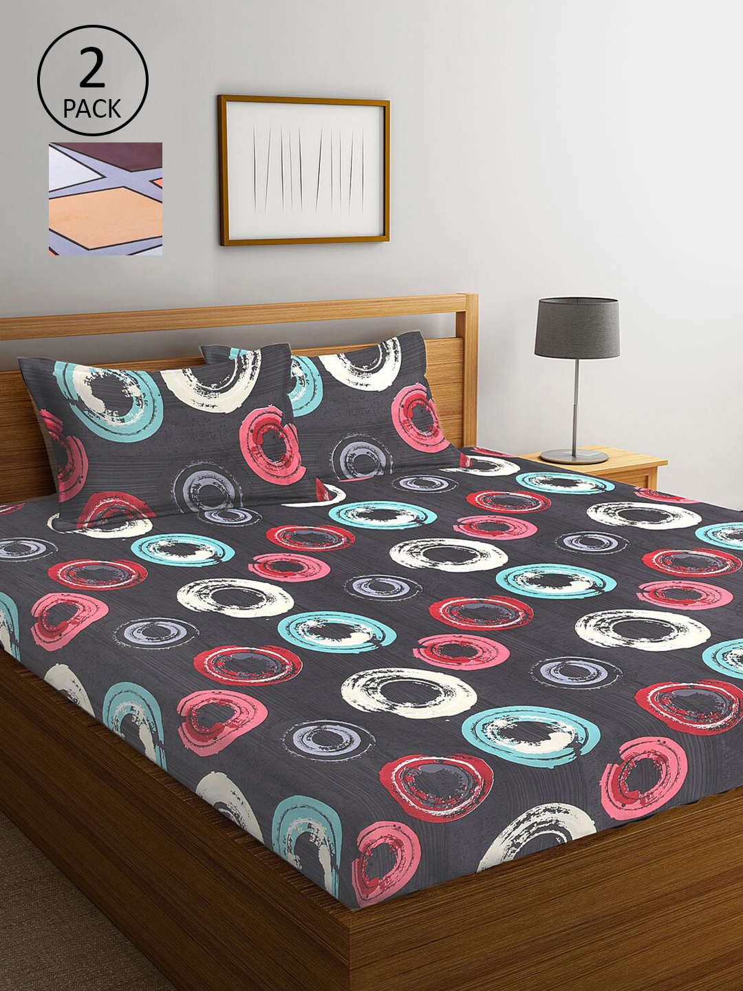 

KLOTTHE Grey & Orange Geometric 210 TC 2 King Bedsheet with 4 Pillow Covers