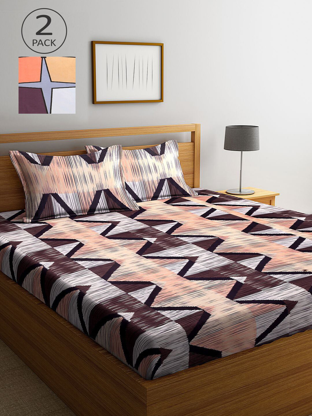 

KLOTTHE Grey & Brown Geometric 210 TC 2 King Bedsheet with 4 Pillow Covers